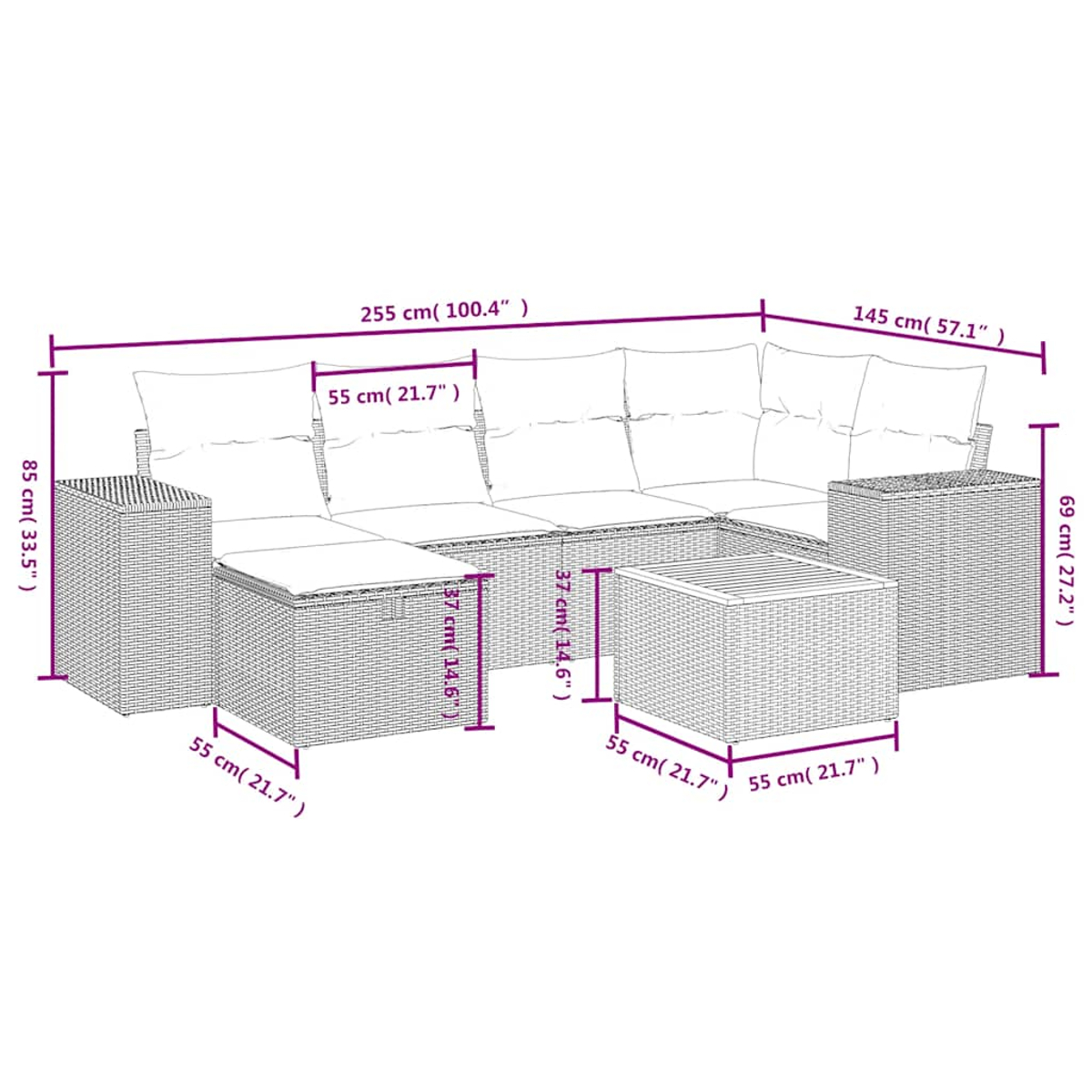Geflecht-Lounge-Set mit Maßen: 255cm L, 85cm H, 145cm T. Beinhaltet Tisch.
