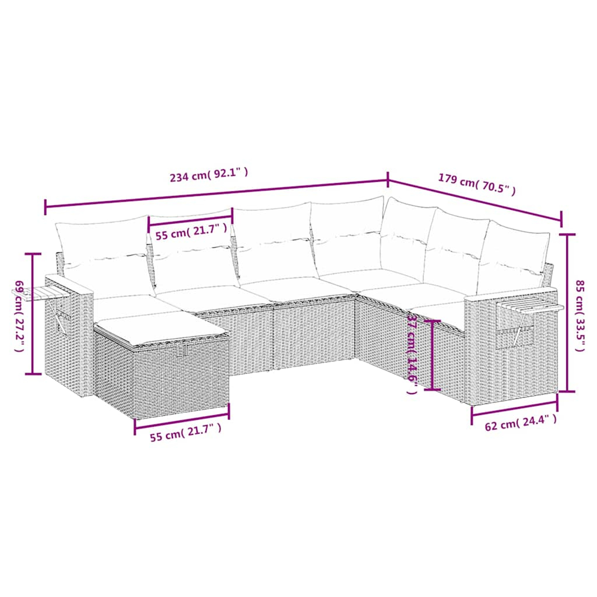 Geflochtenes Lounge-Set mit Kissen, Maße werden angezeigt.
