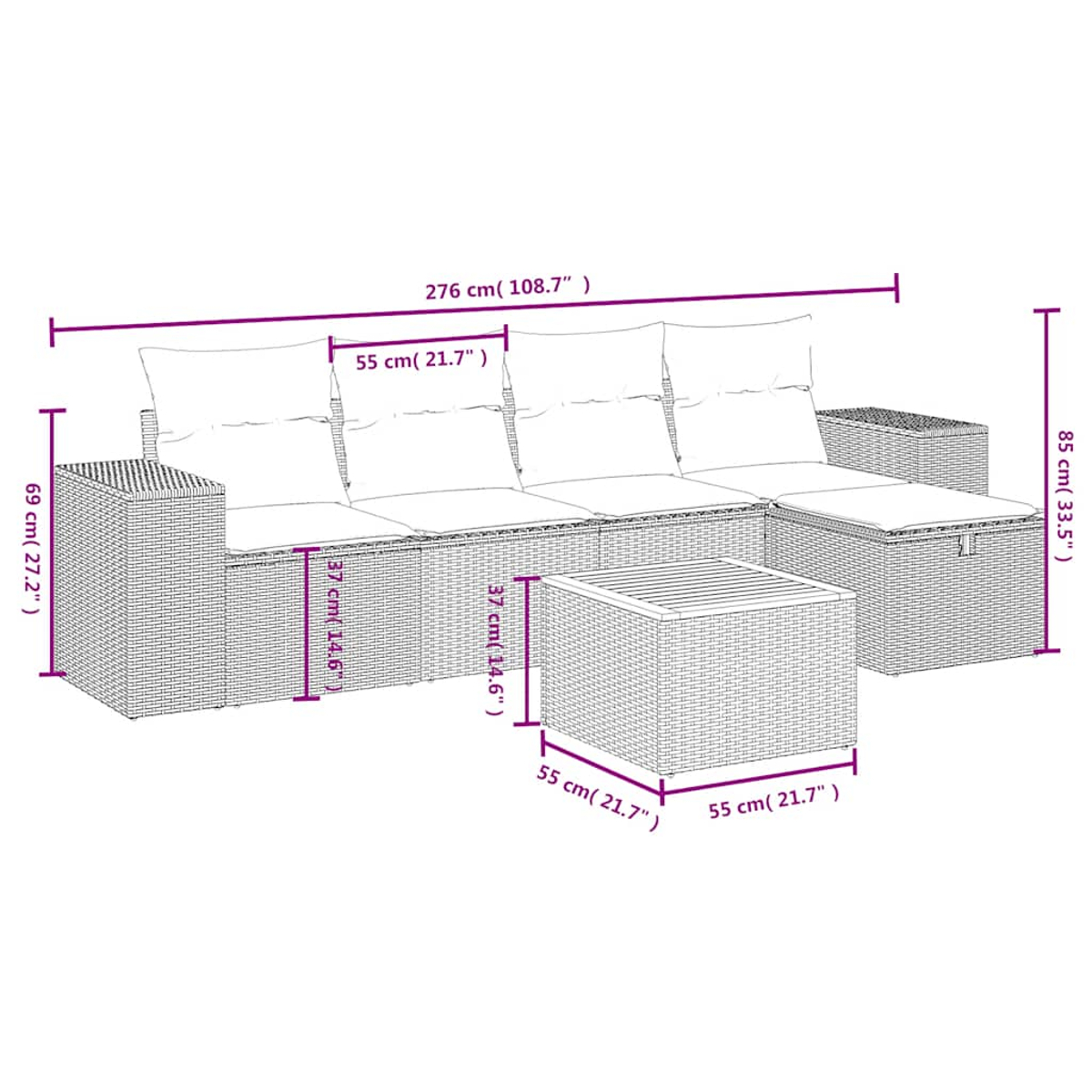 Ein graues Rattan-Sofa mit Tisch und Maßen. Gesamtlänge 276 cm.