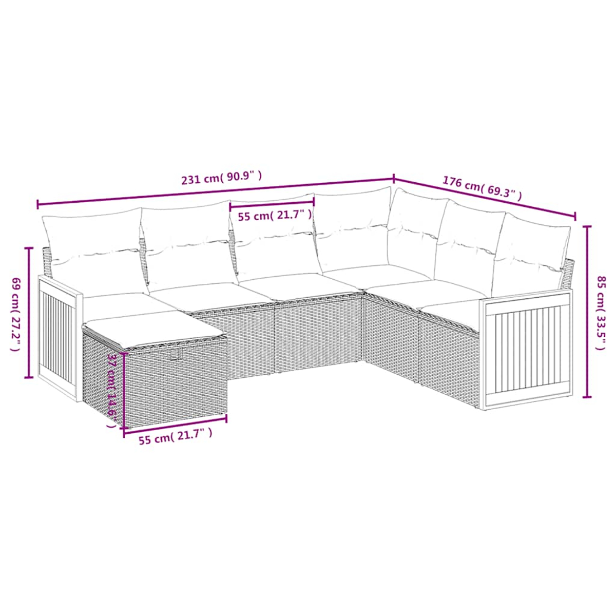 Diagramm eines Eck-Außensofas mit Maßen in cm und Zoll.