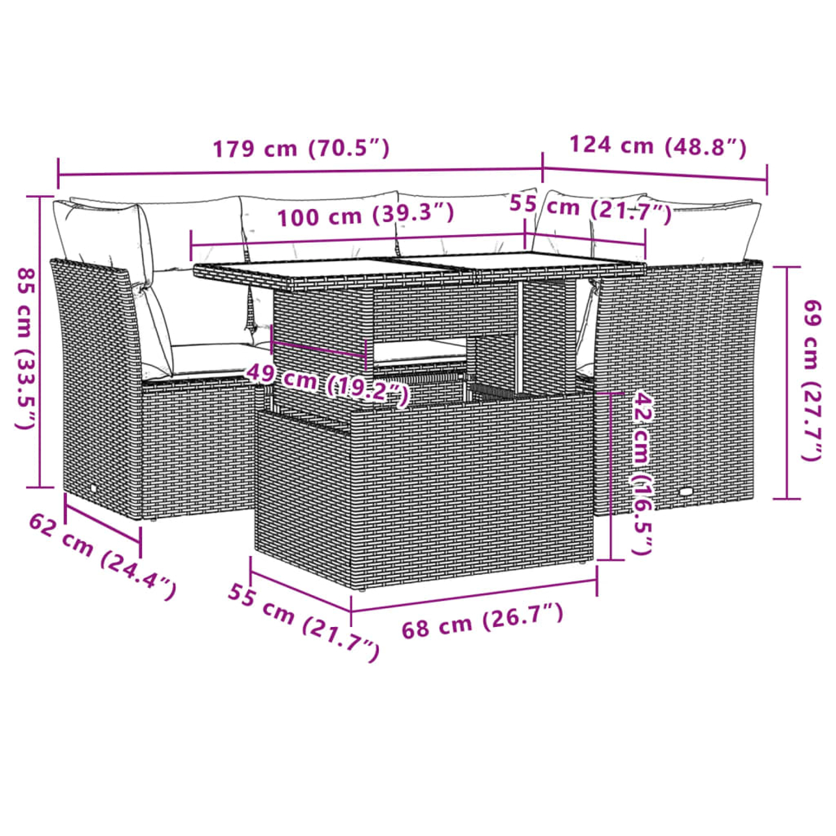 Geflochtenes Ecksofa mit Tisch, Abmessungen gezeigt. Beige Kissen.