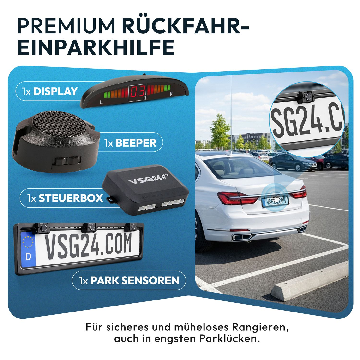 Rückfahrkamera-System mit Display, Beeper, Steuerbox, Kennzeichenhalter.