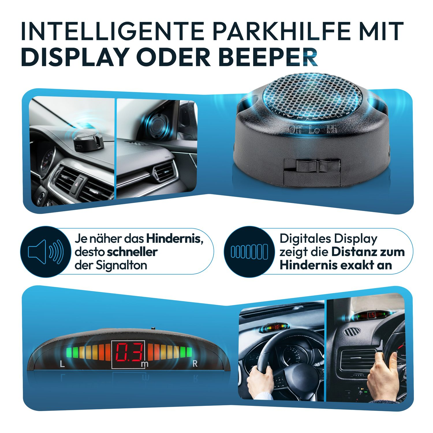 Intelligente Parkhilfe mit Display oder Beeper. Das Display zeigt die Distanz zum Hindernis.
