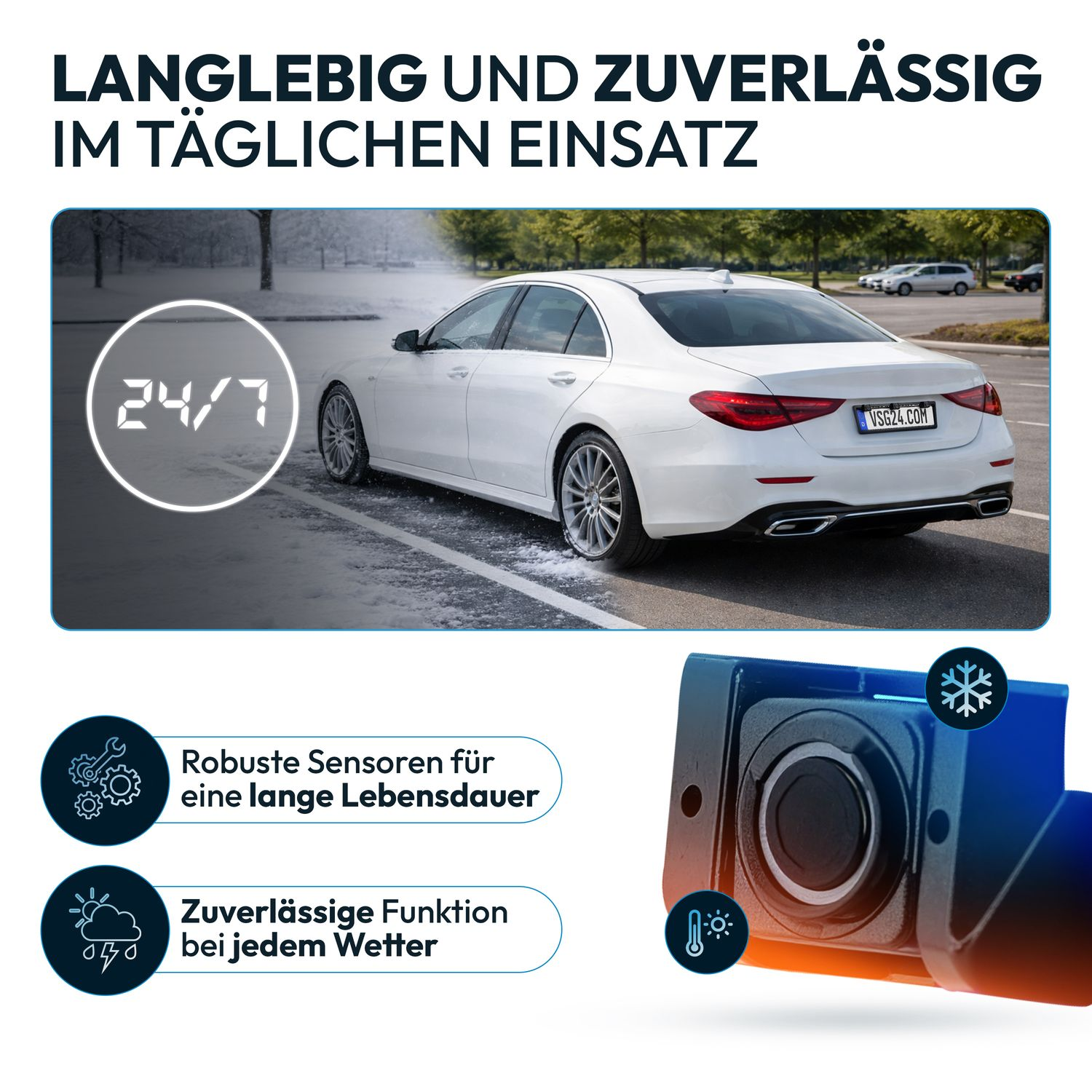 Weißes Auto im Schnee mit 24/7 Anzeige und Sensoren.