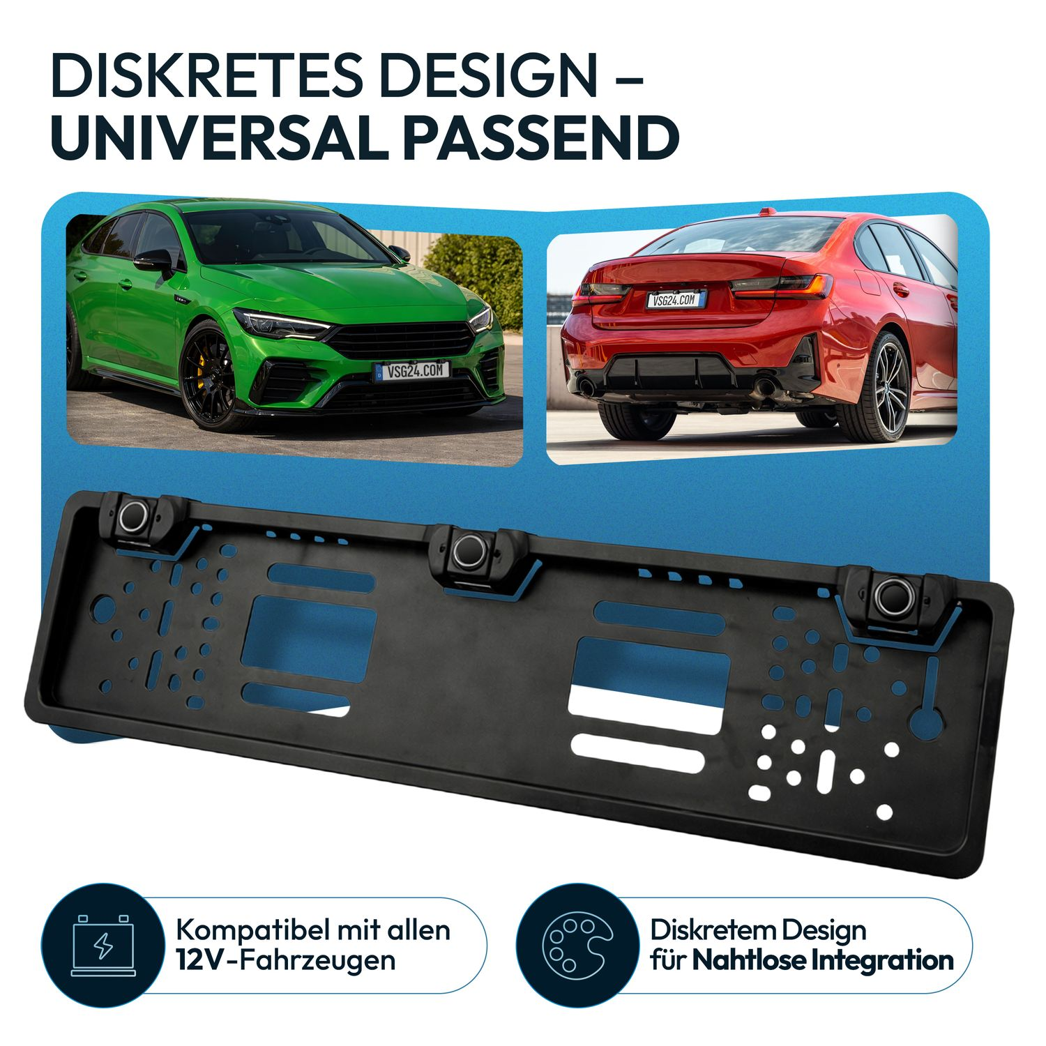 Schwarzer Kennzeichenhalter mit zwei Autos: grün und rot. Links oben: 'Diskretes Design'.