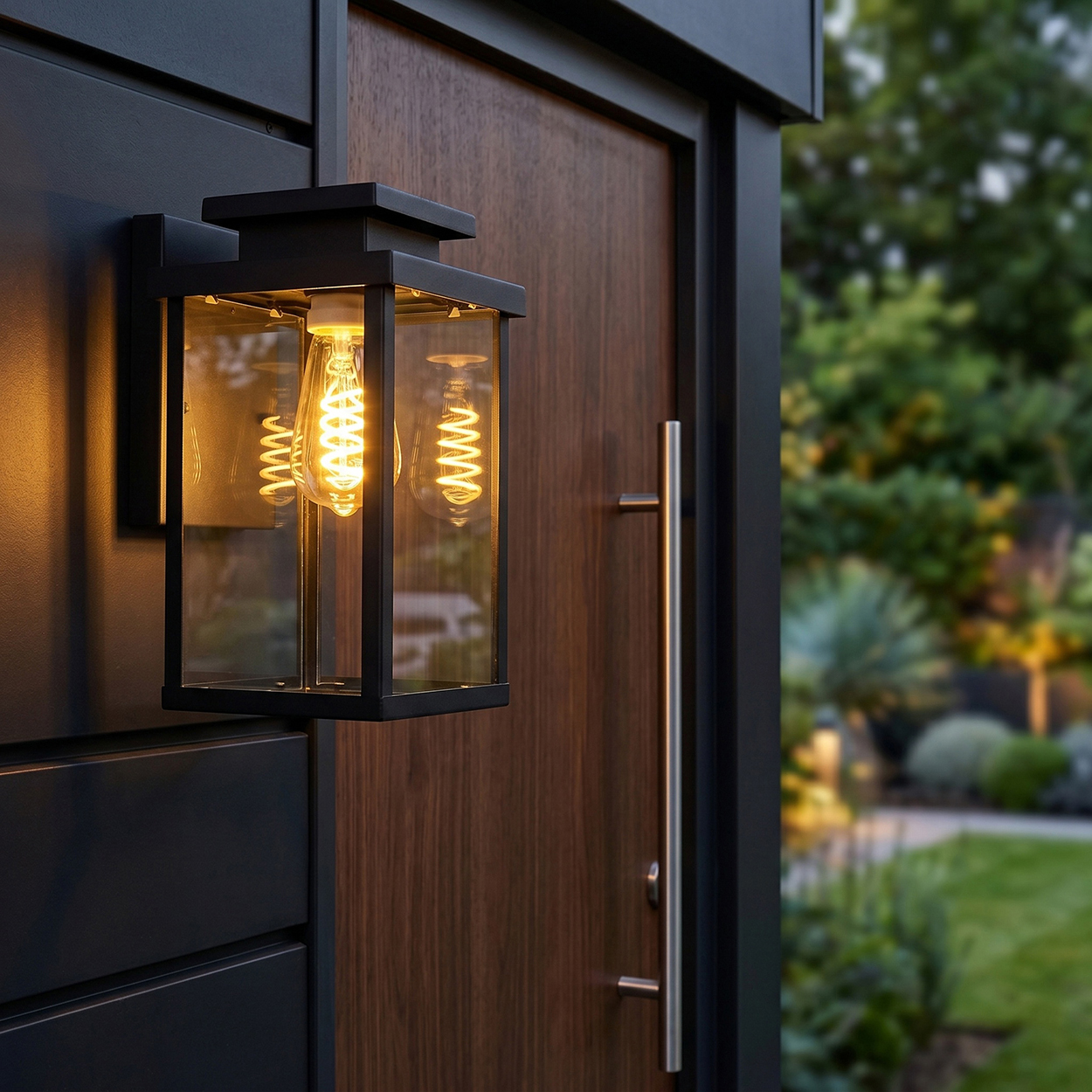 Eine schwarze Außenlaterne mit Glasgehäuse und sichtbarer Edison-Glühbirne beleuchtet eine dunkle Holztür.