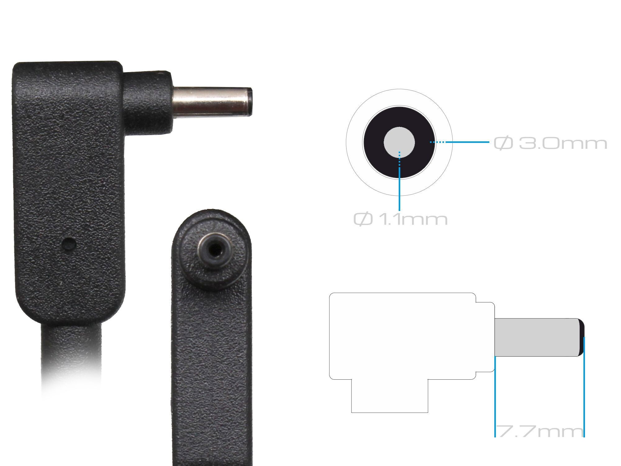 Schwarzer Netzstecker mit Kabel und schematischer Darstellung der Maße.