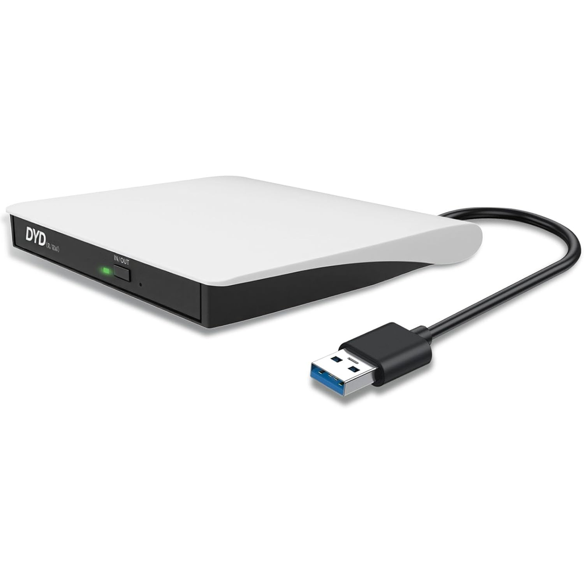 Ein weißer, schlanker tragbarer DVD-RW-Brenner mit USB-Kabel.