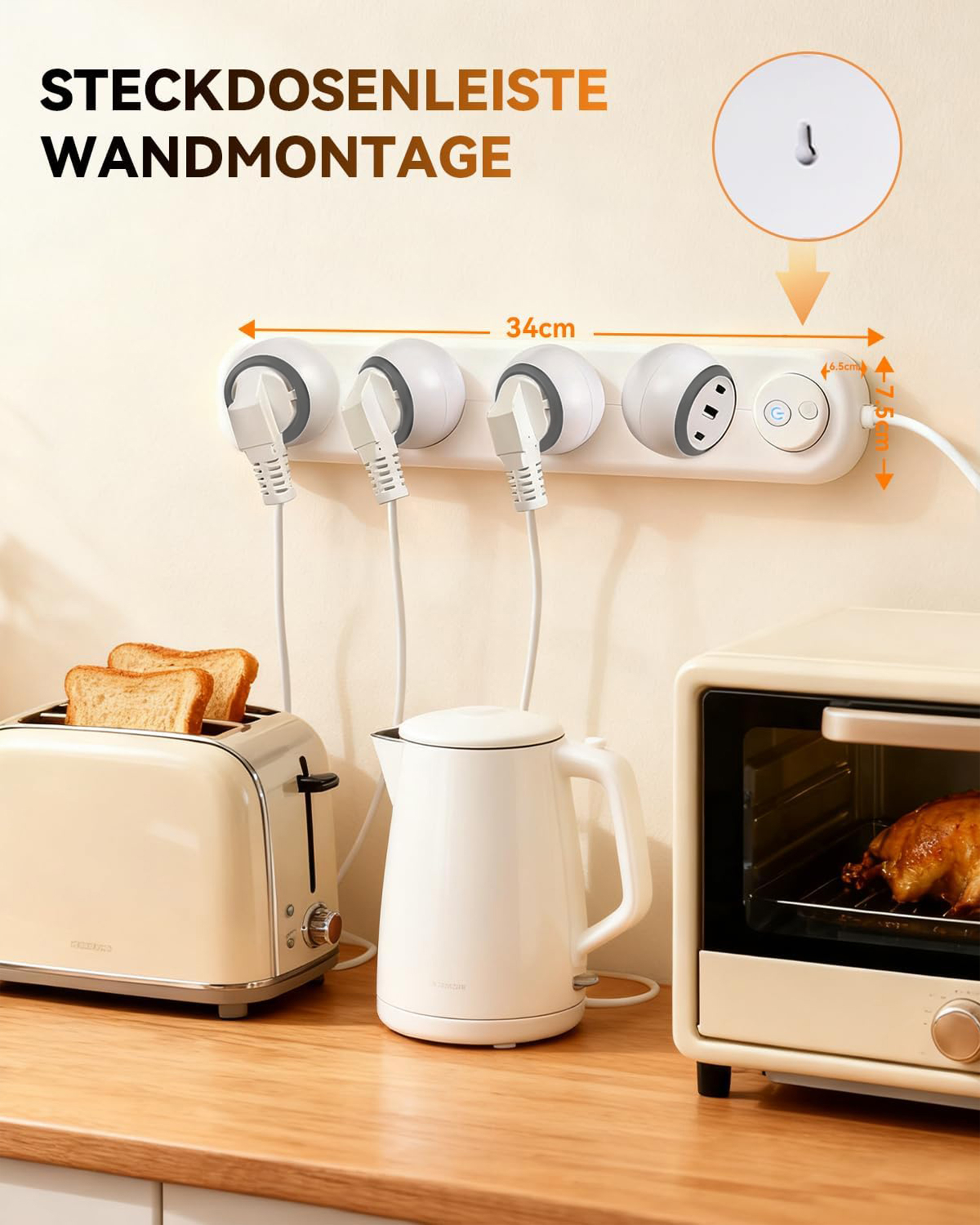 Weiße Steckdosenleiste mit Toaster, Wasserkocher und kleinem Ofen mit Brathähnchen.