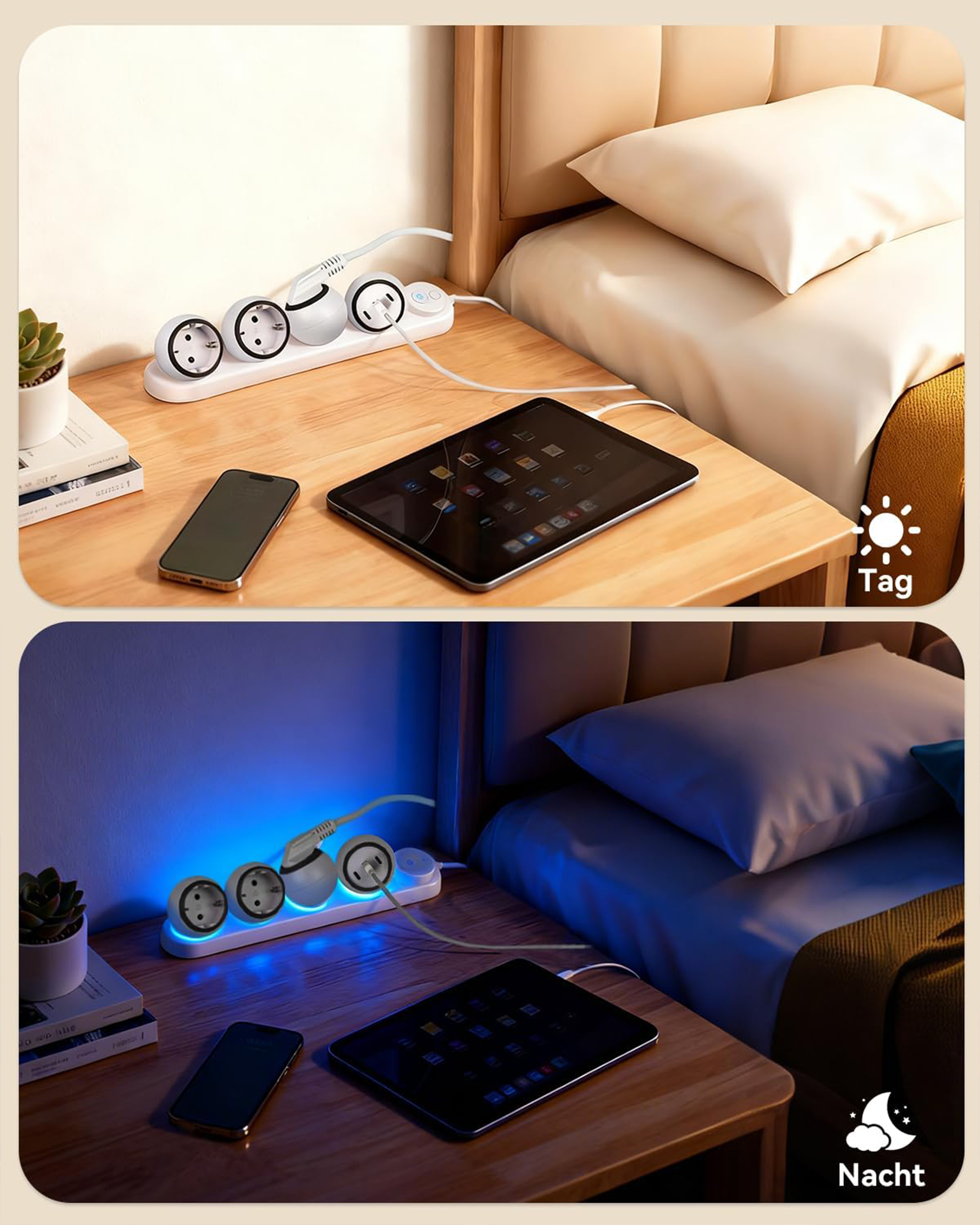 Ein Nachttisch mit Steckdosenleiste, Handy und Tablet bei Tag und Nacht.