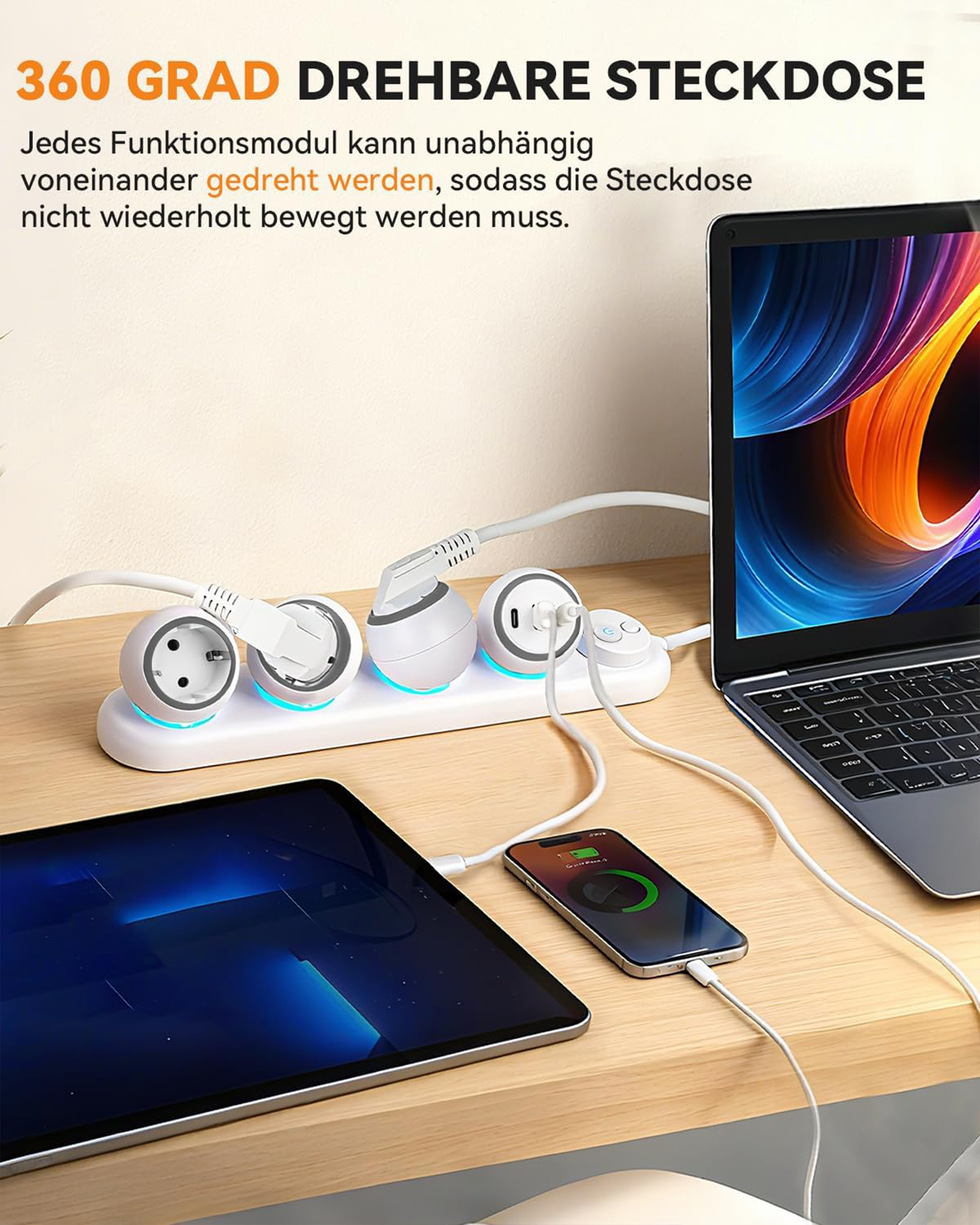 Drehbare Steckdosenleiste mit Laptop, Tablet und Handy, die geladen werden.