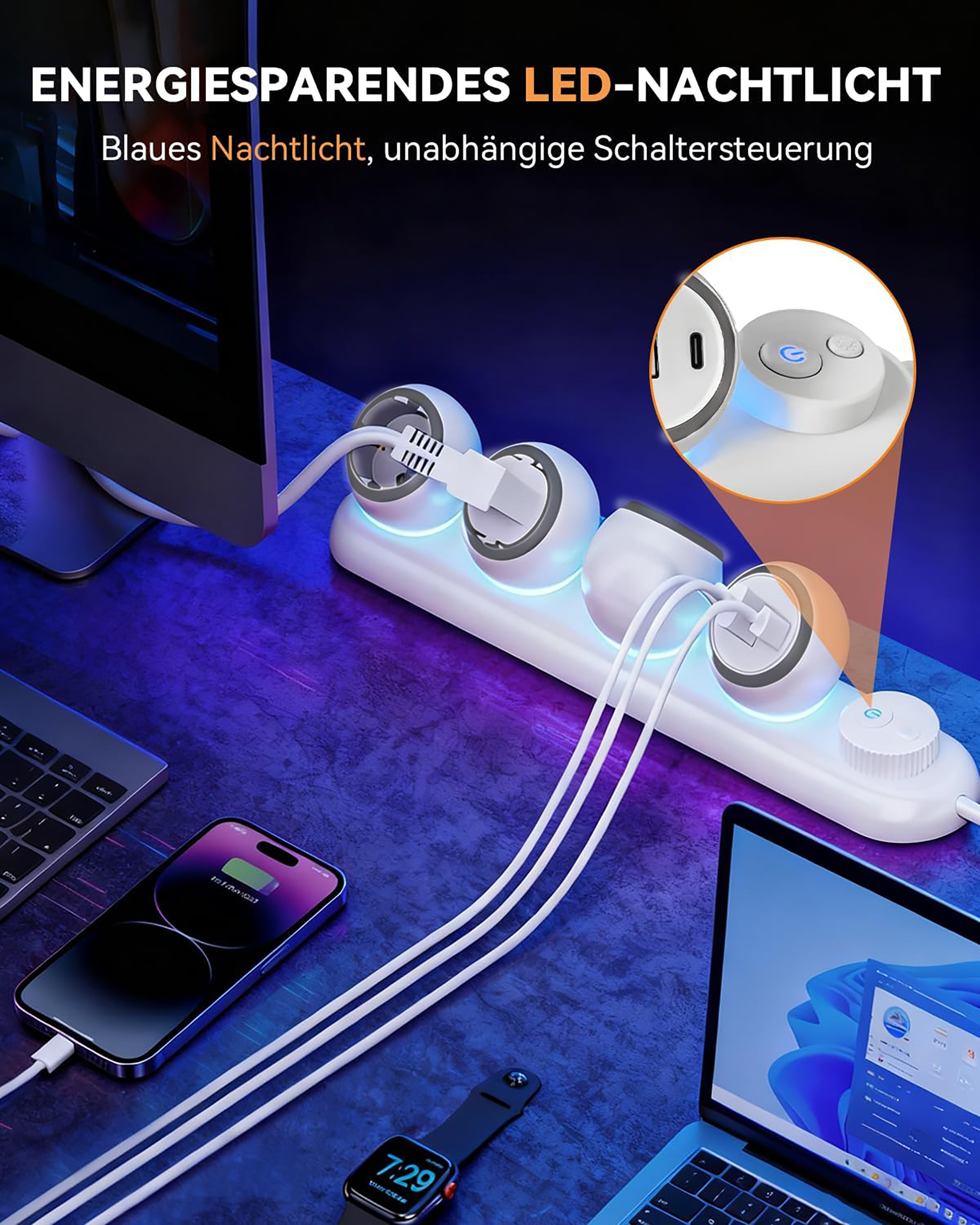 Weiße Steckdosenleiste mit blauer LED-Beleuchtung, lädt ein iPhone und MacBook.