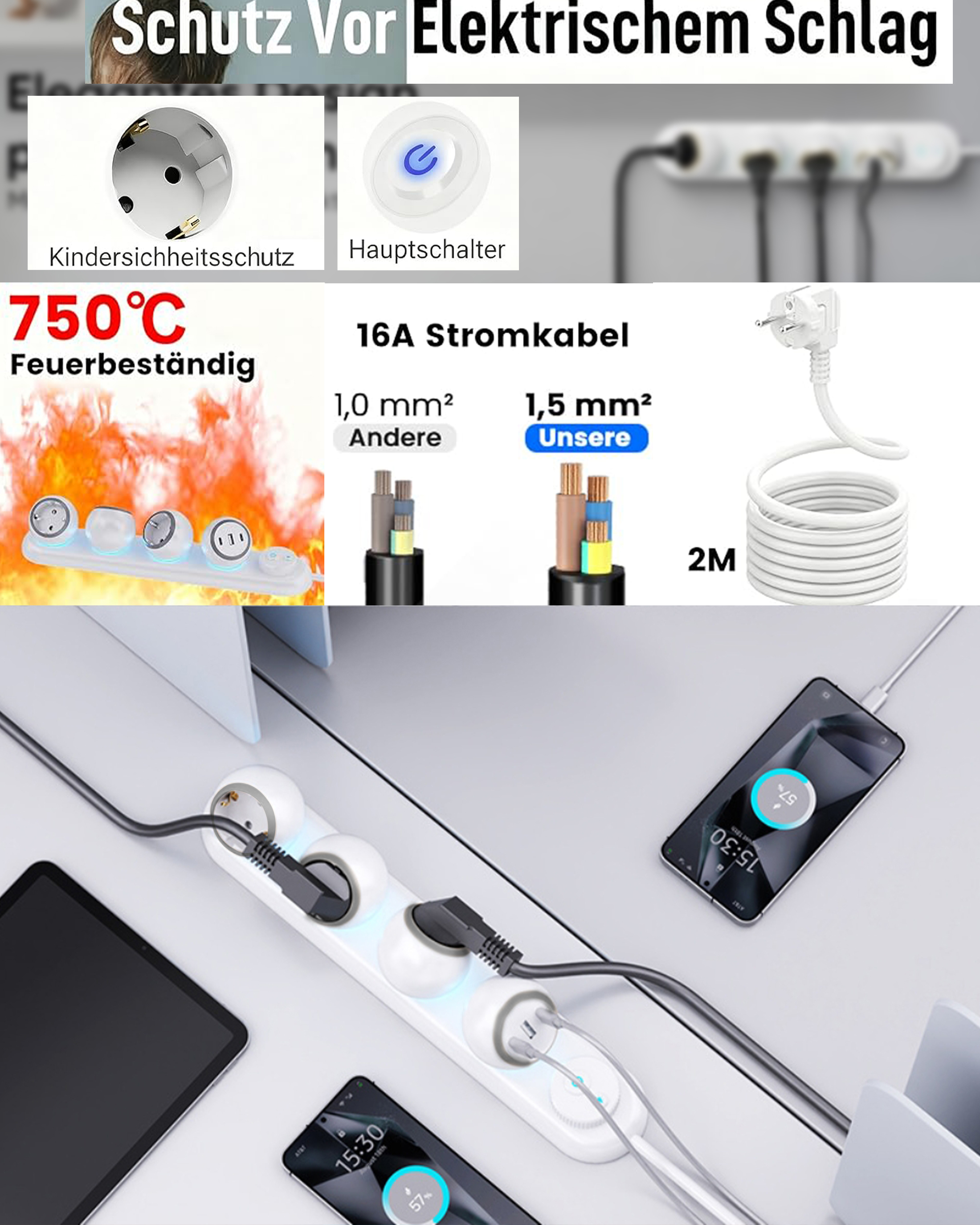 Eine Steckdosenleiste mit angeschlossenen Geräten, Ladekabel und ein Handy auf dem Tisch.