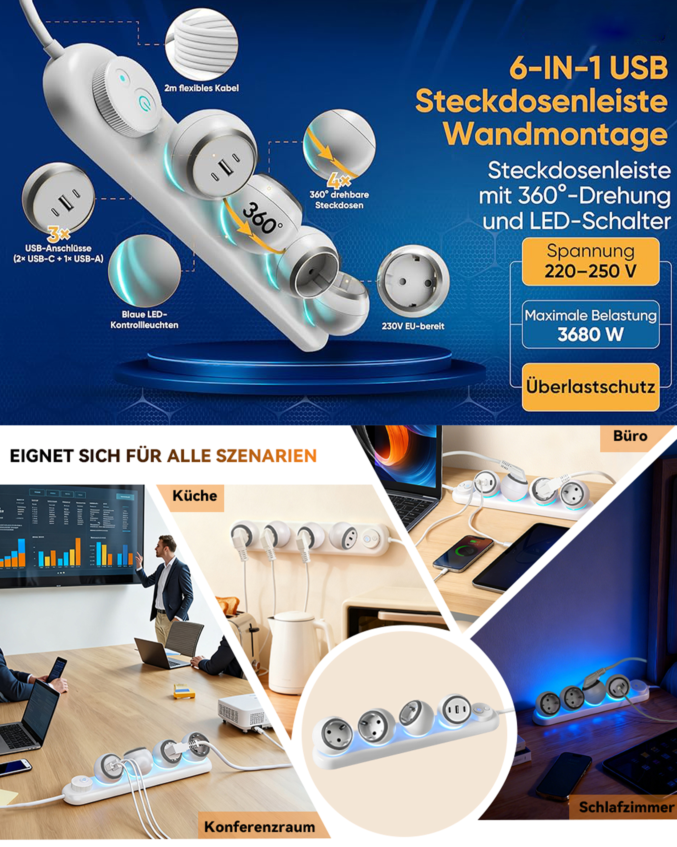 6-in-1 USB-Steckdosenleiste mit 360° drehbaren Steckdosen und LED-Schaltern.