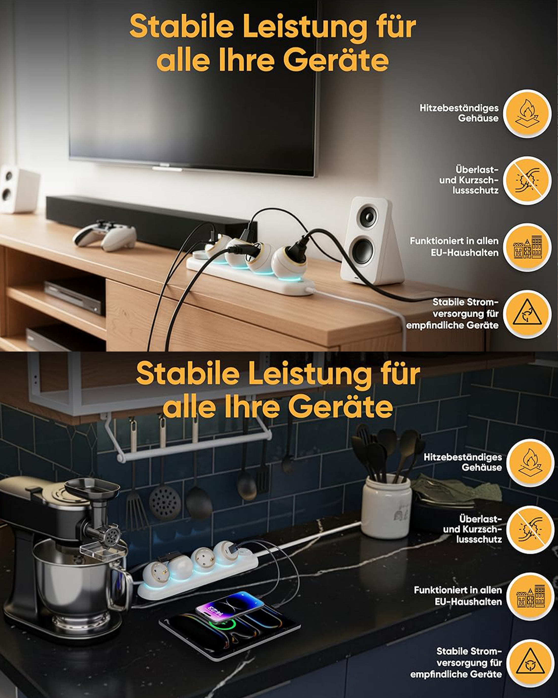Zwei Szenen zeigen eine Steckdosenleiste mit Geräten, die für stabile Leistung wirbt.