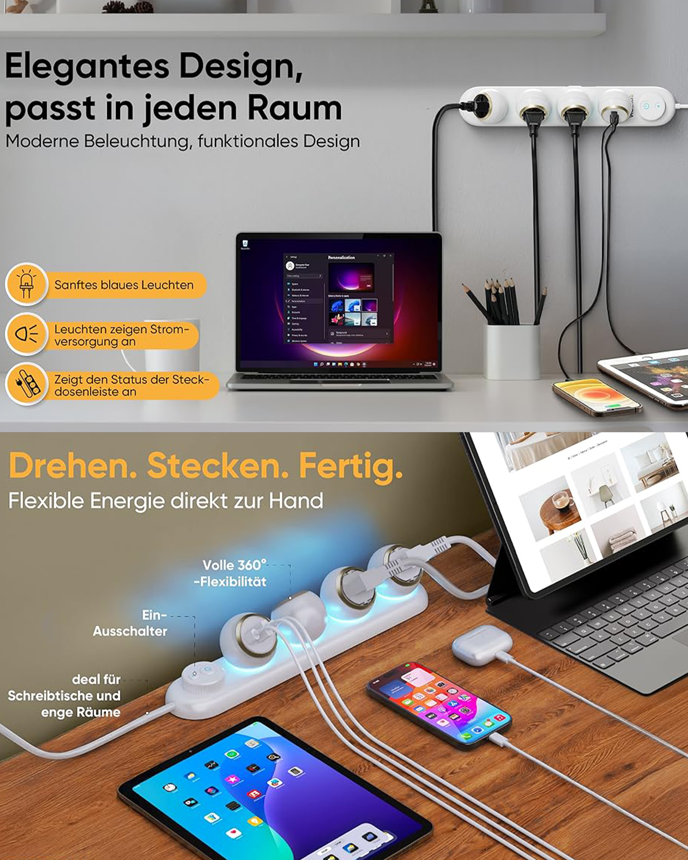 Weiße Steckdosenleiste mit blauen Lichtern, lädt Laptops, Tablets und Handys.