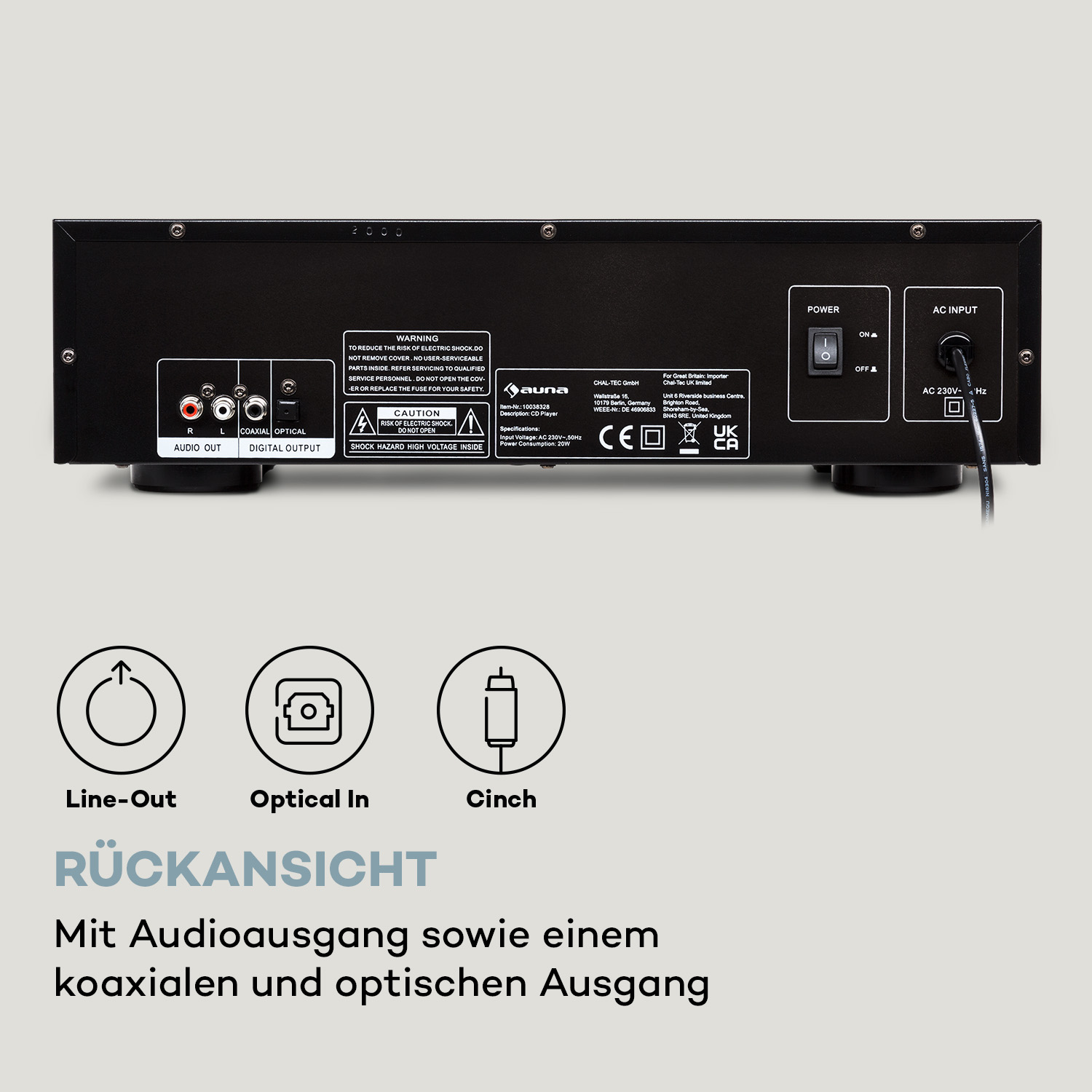 Rückseite eines schwarzen CD-Players mit Anschlüssen, Warnhinweisen und Symbolen.