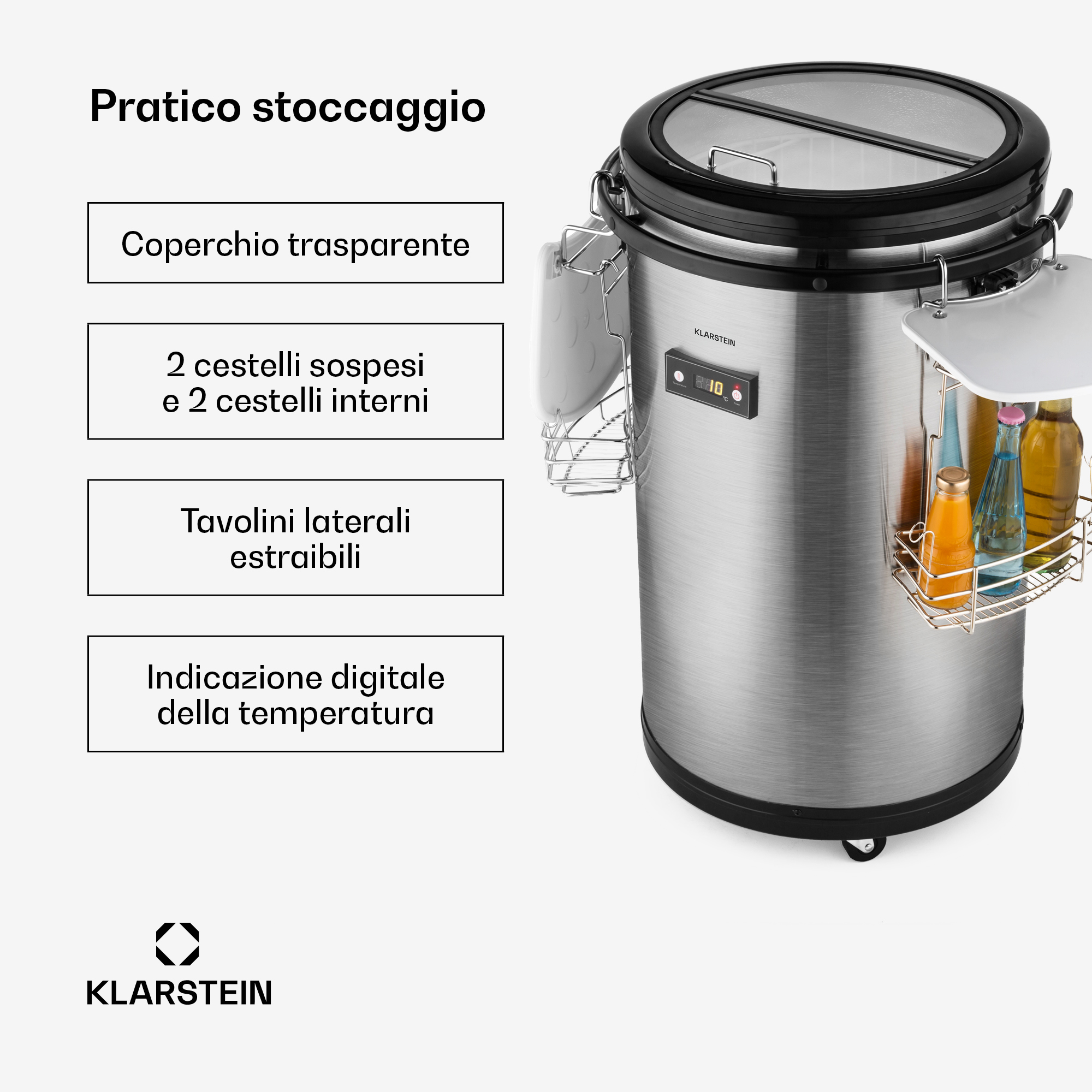 Kühlbox mit transparentem Deckel, Körben und ausziehbaren Ablagen.