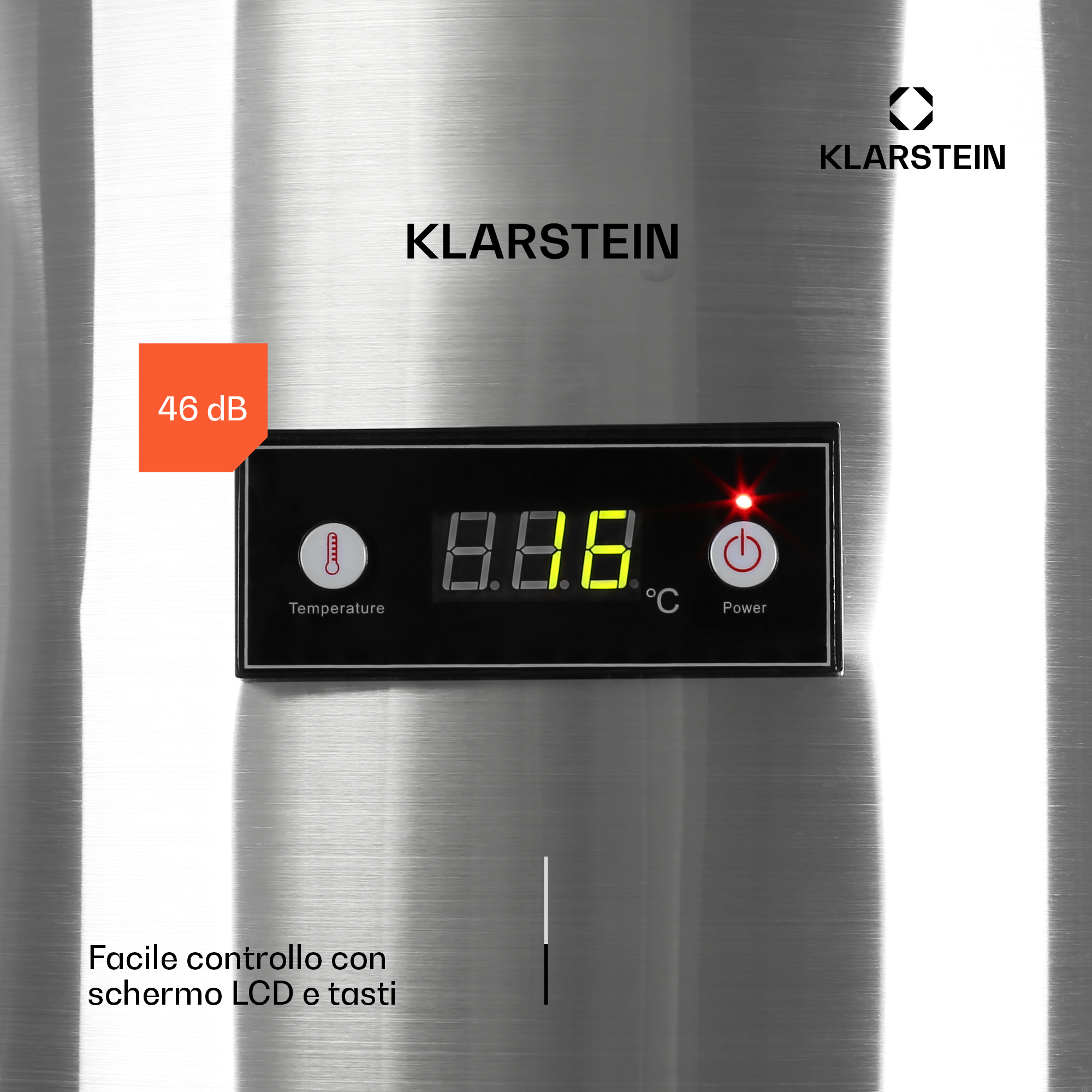 Klarstein Gerät mit LCD-Display, zeigt 8.8.8 und Temperatur. 46 dB.