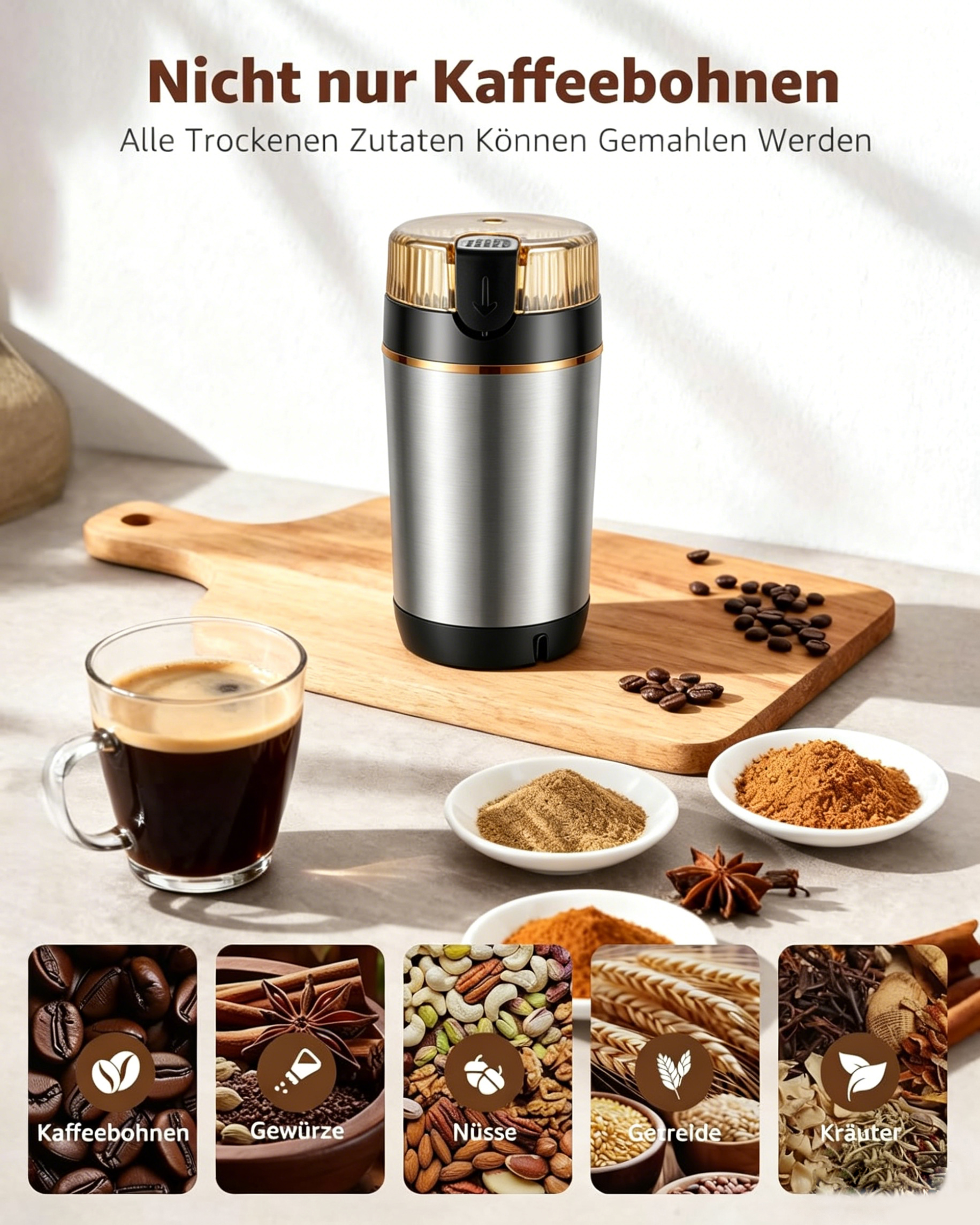 Kaffeemühle mit Kaffee, Gewürzen, Nüssen und Getreide.