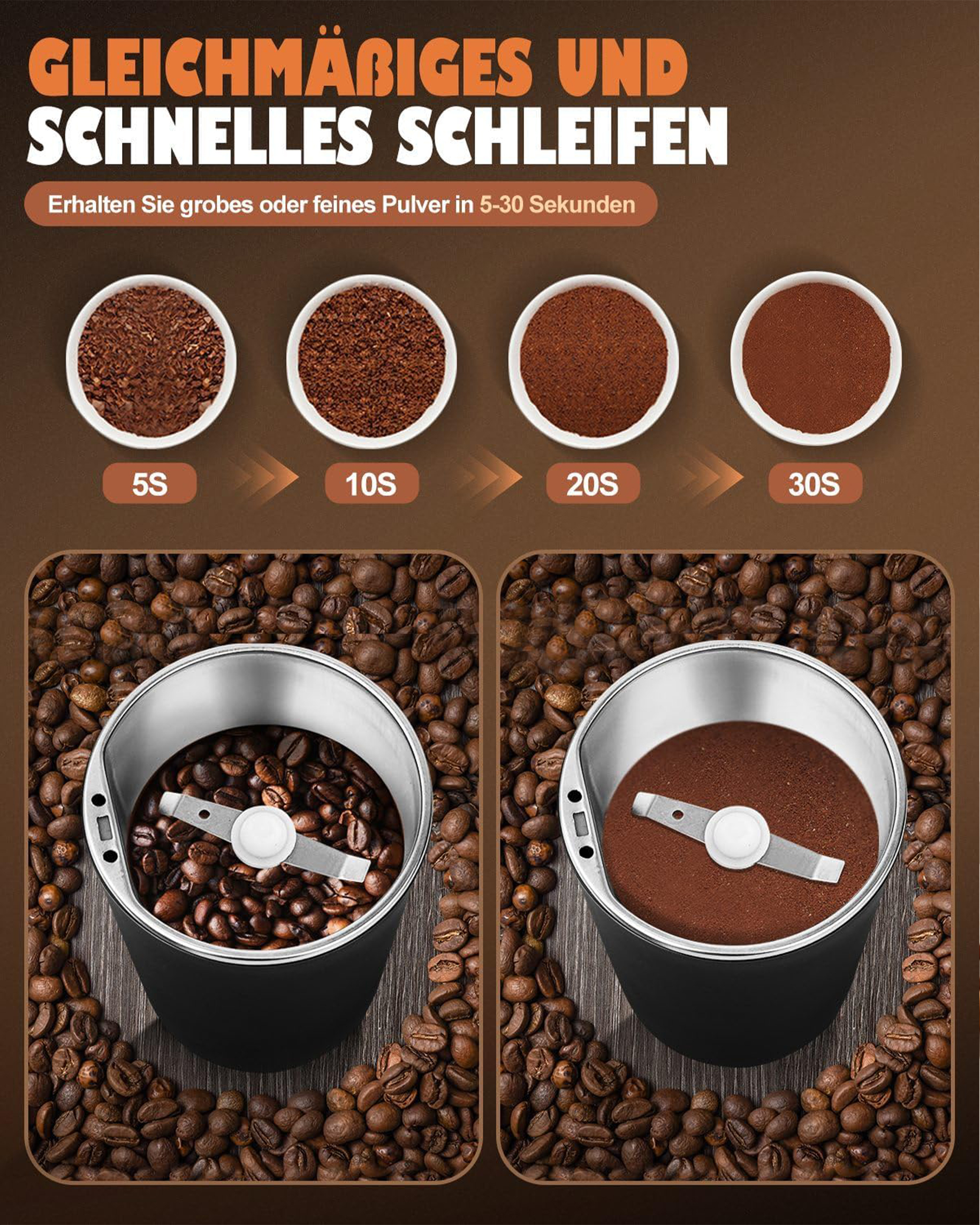 Kaffeemühle zeigt Kaffeebohnen und gemahlenen Kaffee in 5-30 Sek.