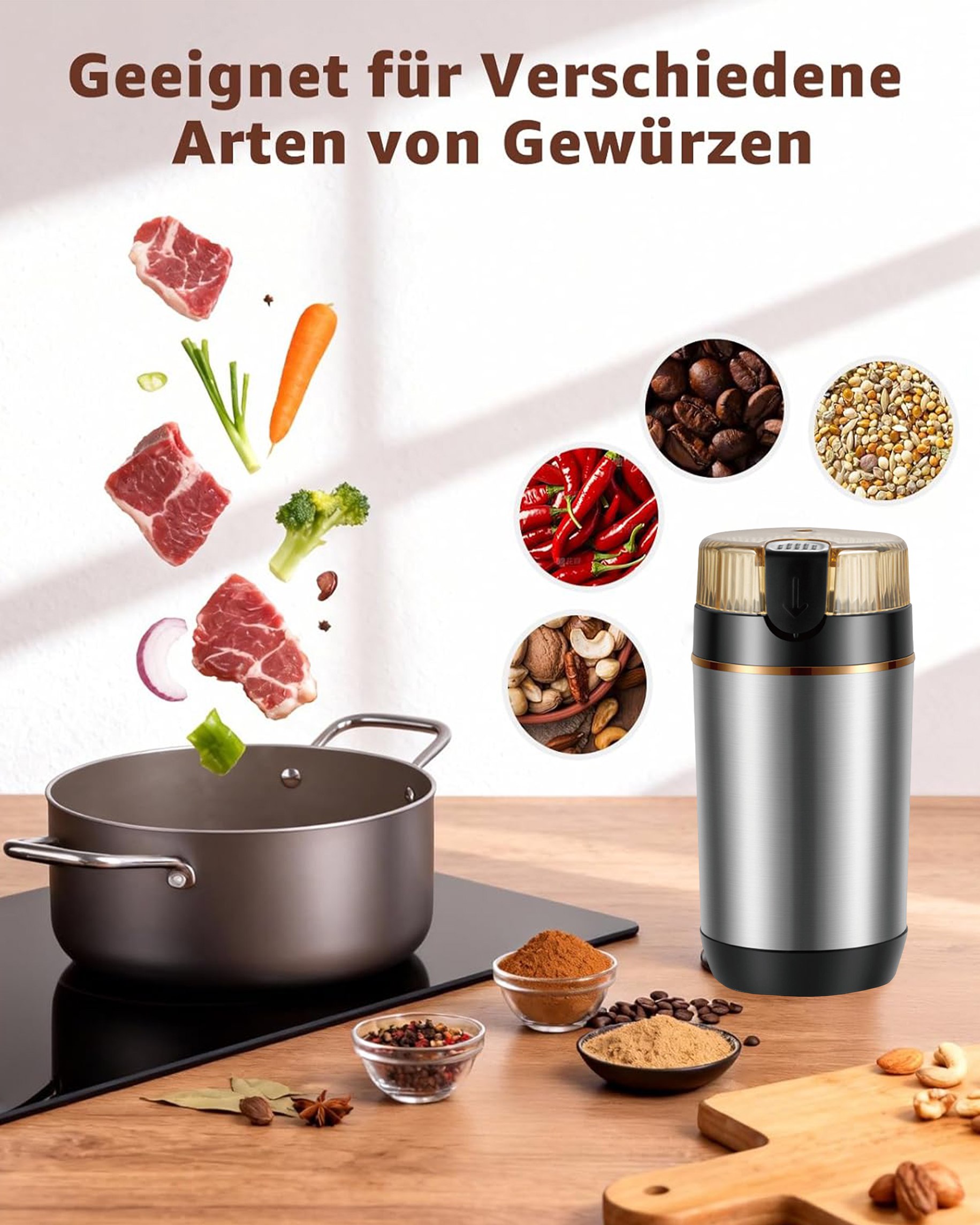 Fleisch, Gemüse, Gewürze und Kaffeebohnen fliegen über einen Topf, daneben ein Mixer.