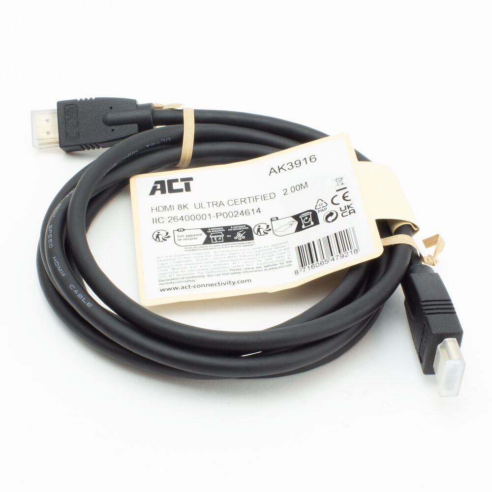 Een zwarte ACT HDMI 8K Ultra Certified 2.00M kabel met twee connectoren.