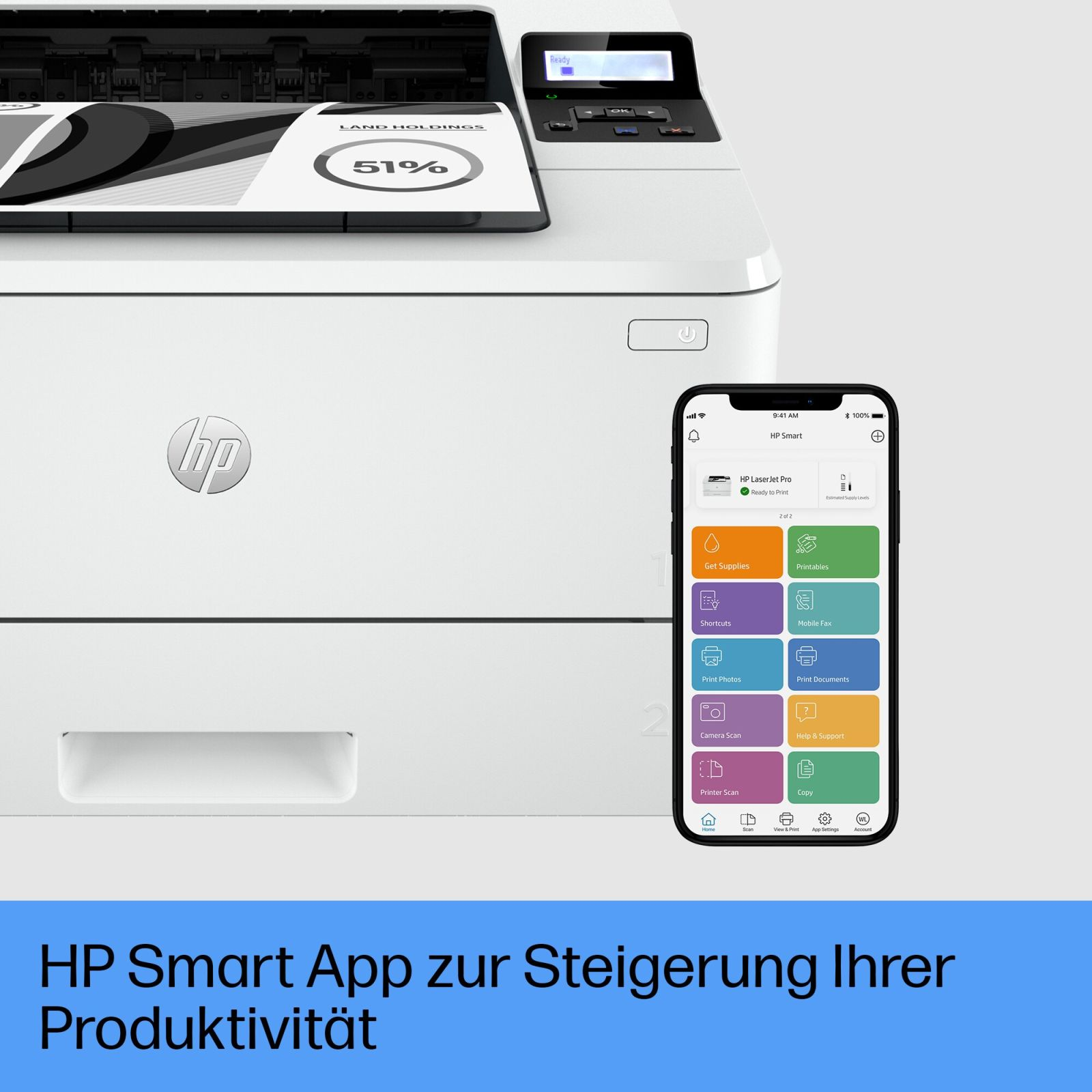 Drukarka HP ze smartfonem wyświetlającym aplikację HP Smart.