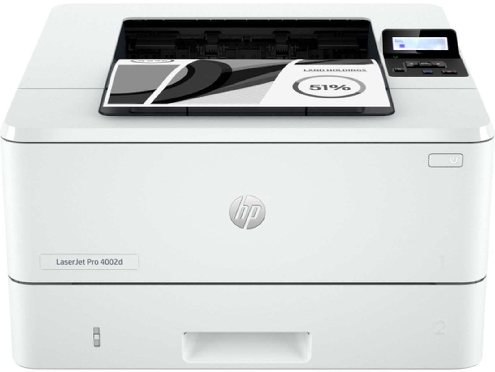 Biała drukarka HP LaserJet Pro 4002d z kartką papieru.