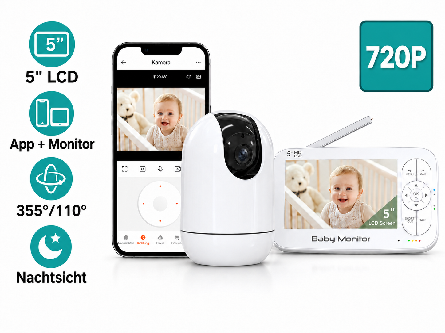 Babyphone mit 5-Zoll-LCD-Bildschirm, Kamera mit 720p, App und Nachtsicht.