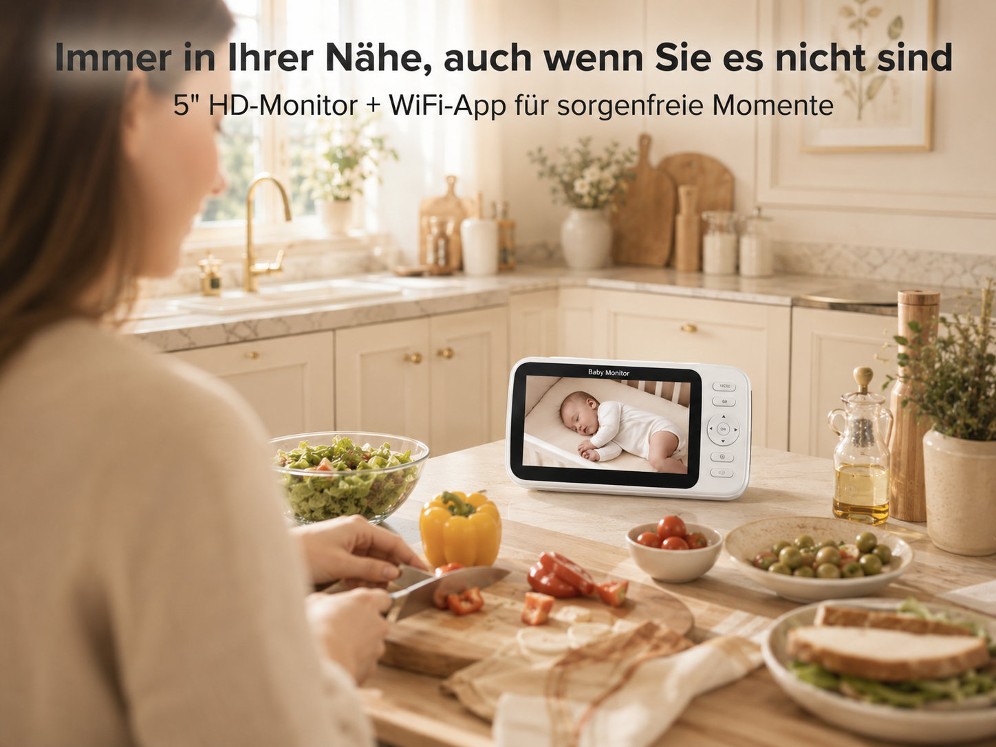 Frau bereitet Essen in Küche zu, Babyphone zeigt schlafendes Baby.