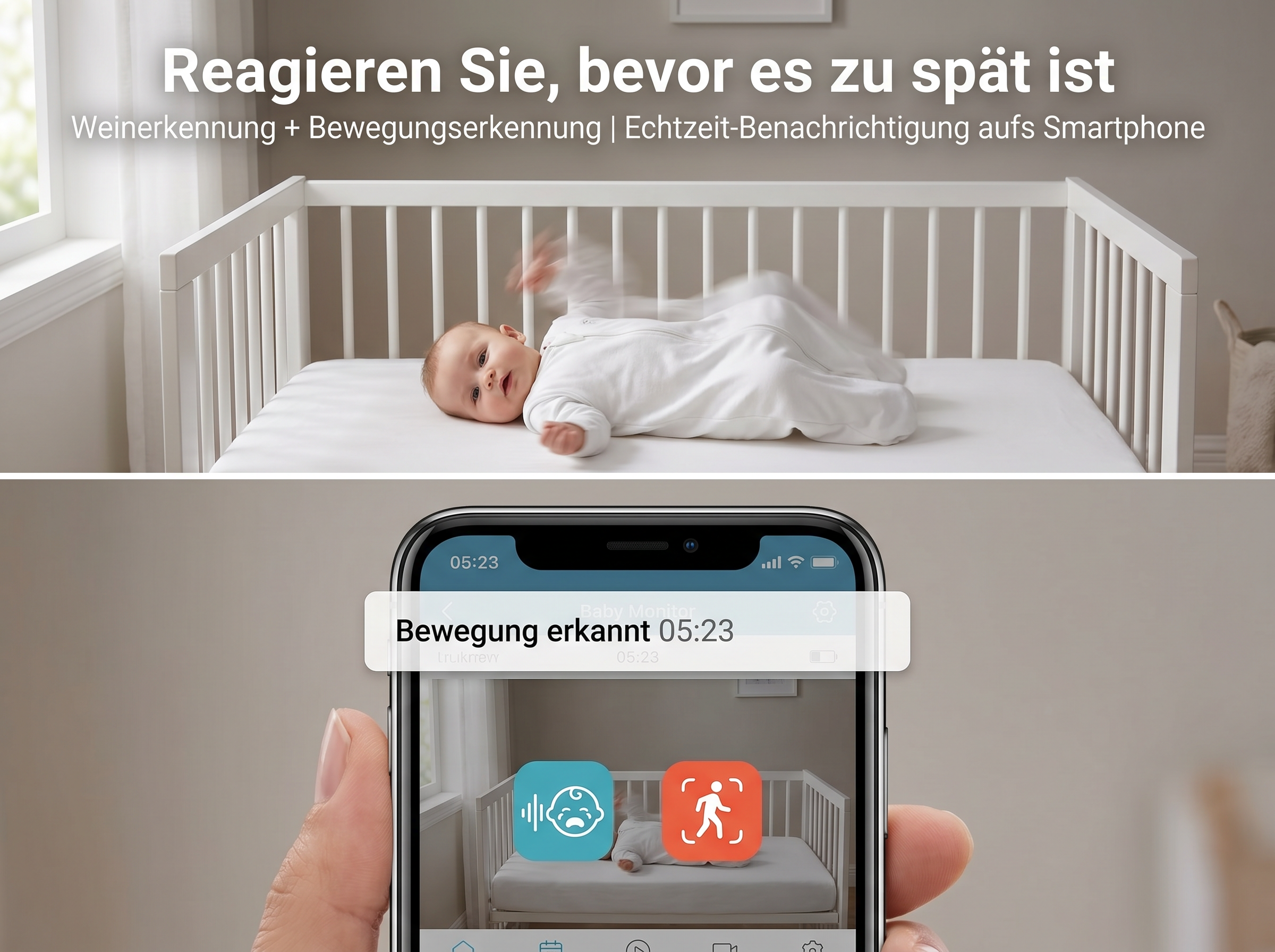 Baby im Gitterbett, Handy zeigt Bewegungserkennung. Reagieren Sie!
