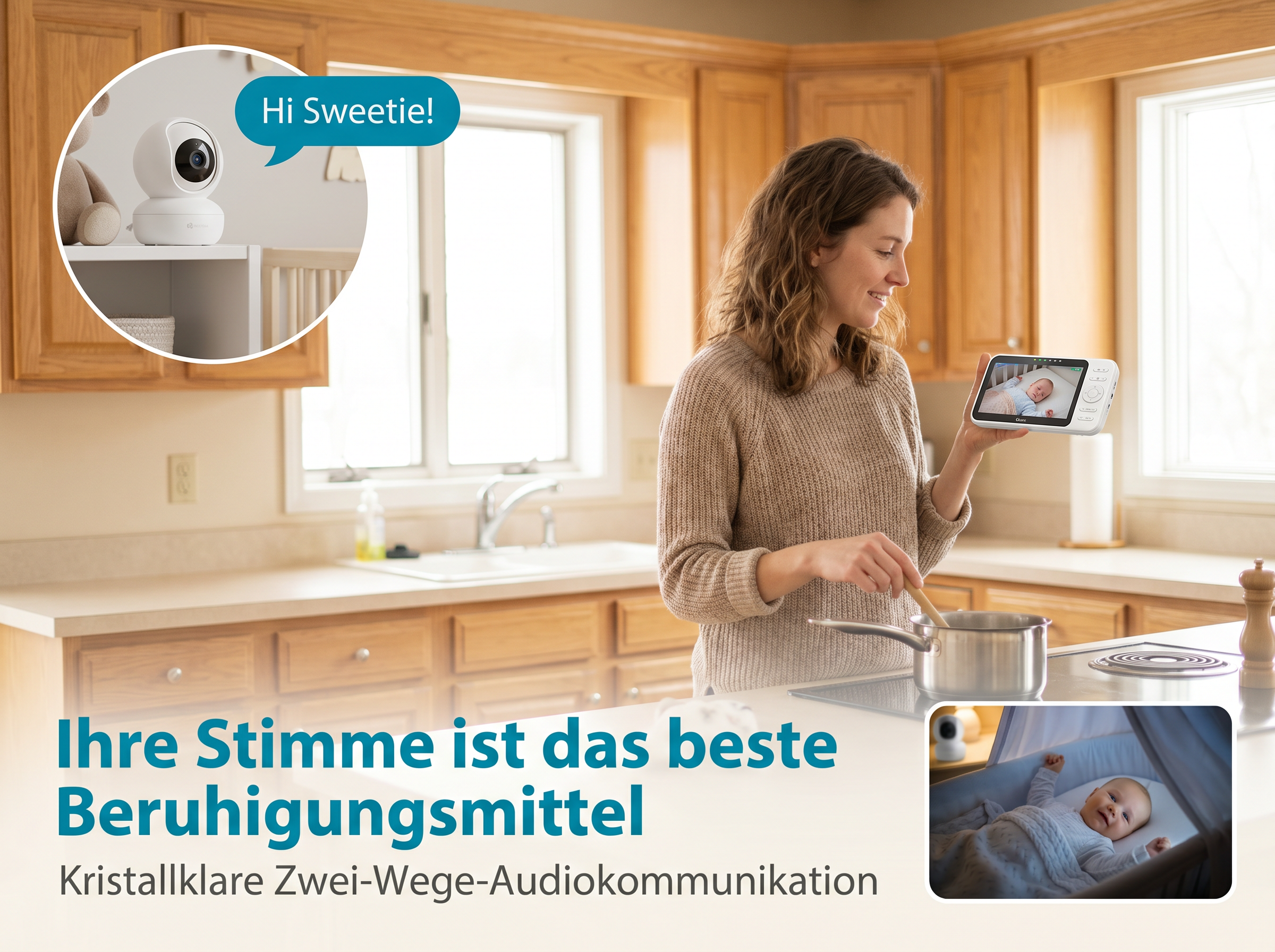 Eine Frau in der Küche hält einen Monitor, auf dem ein Baby zu sehen ist. Daneben eine Babykamera.