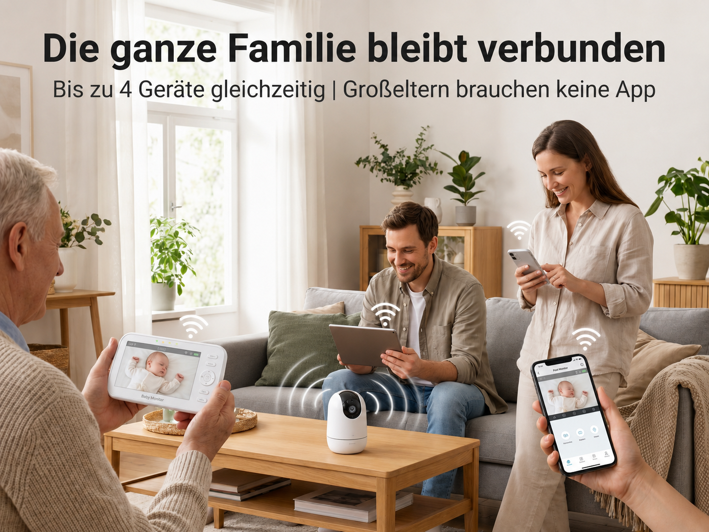 Familie sieht Baby auf Monitor und Handys. Ein älterer Mann hält Baby Monitor.
