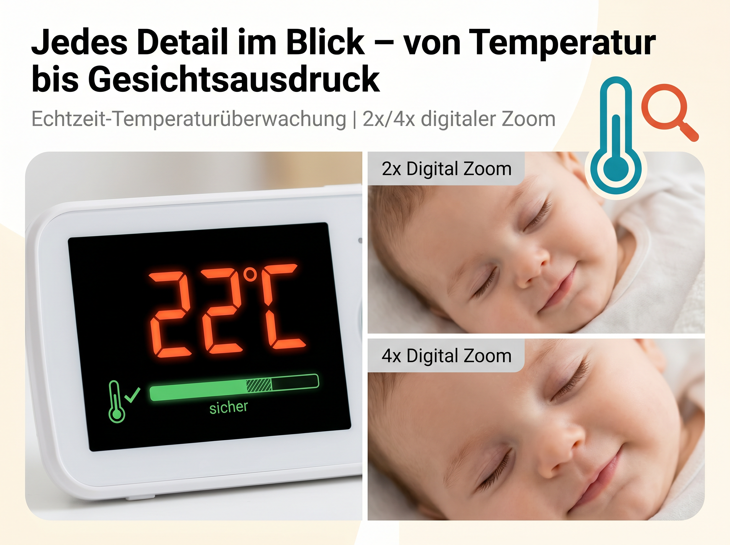 Ein Baby schläft, während ein Monitor 22°C anzeigt. Zoom-Stufen 2x und 4x.