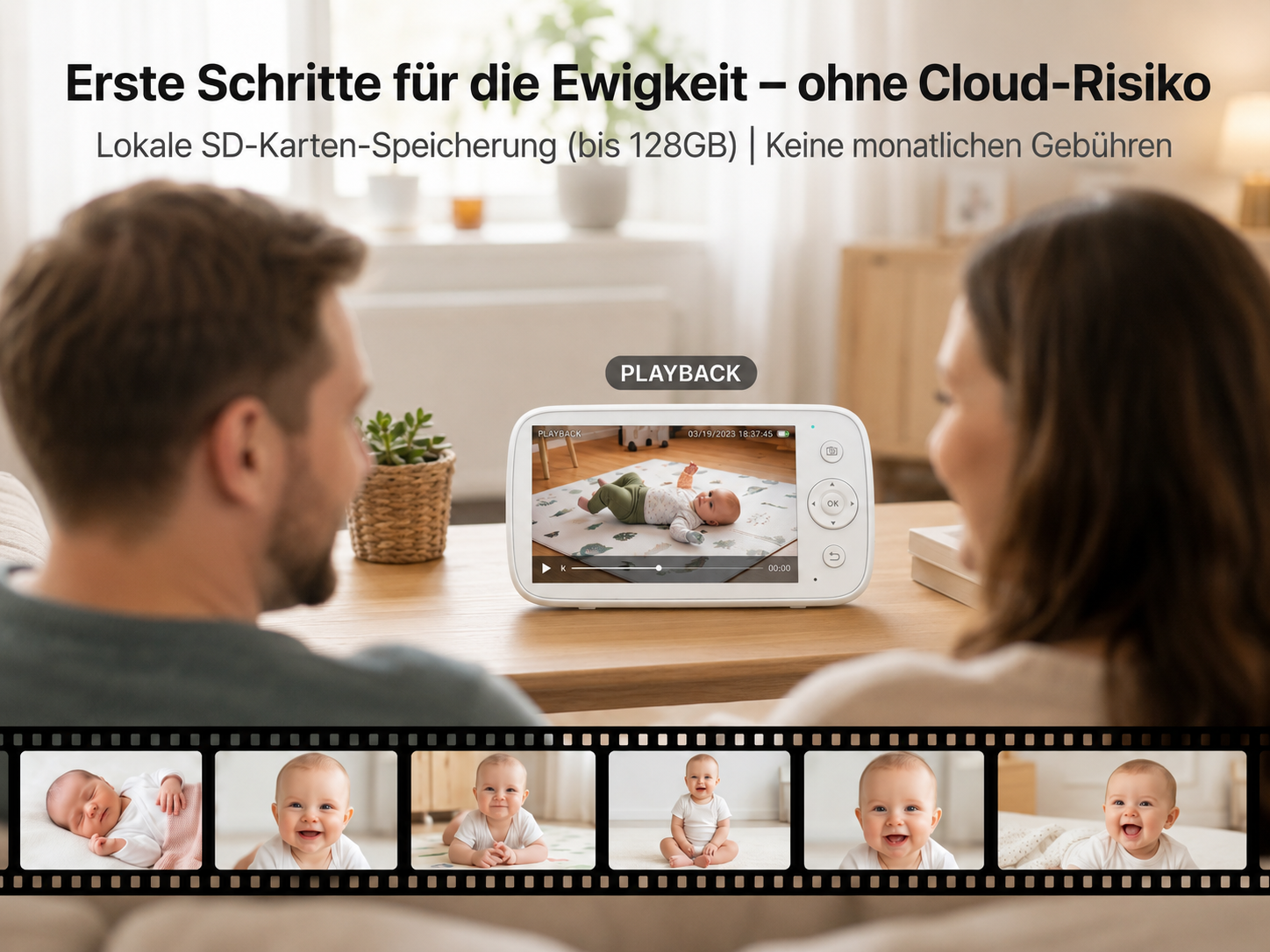 Eltern schauen auf einen Babyphone-Bildschirm mit Aufnahmen von Babys. Filmstreifen unten.