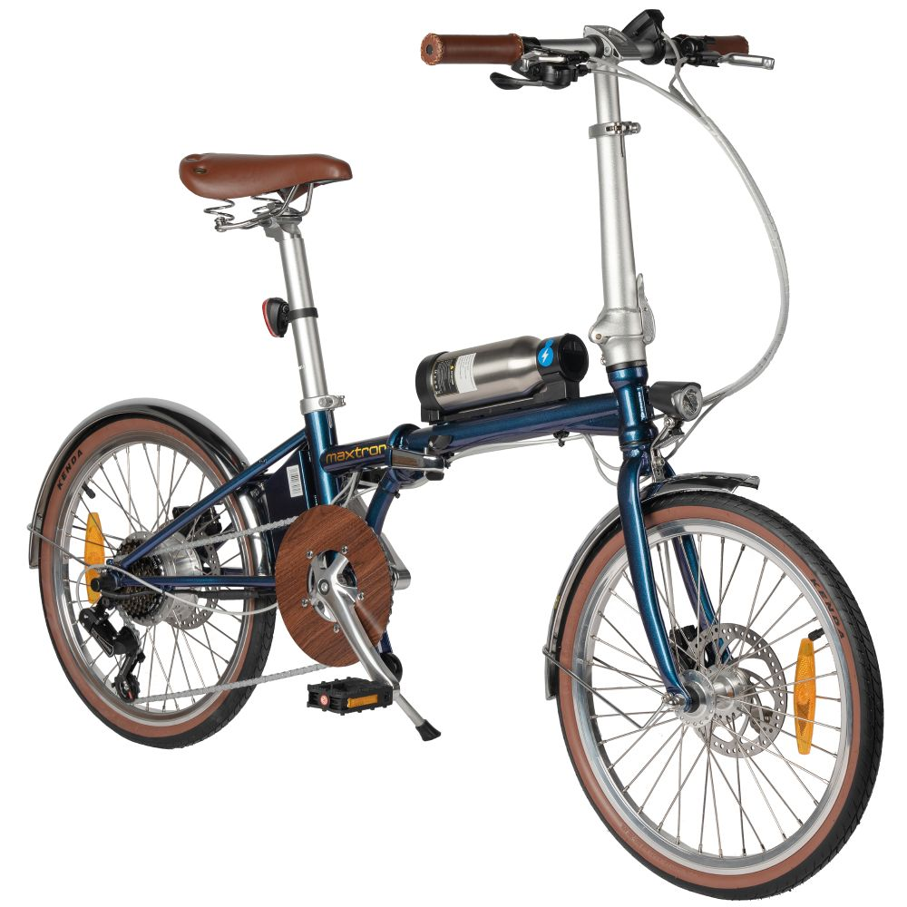 Una bicicletta pieghevole blu scuro con sella, manopole e pneumatici marroni.