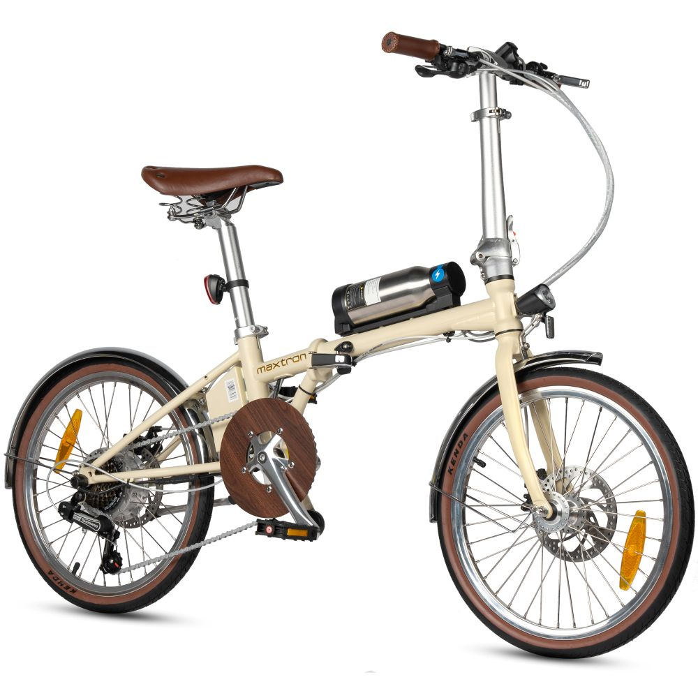 Una bicicleta plegable color crema con sillín y manillar marrones.