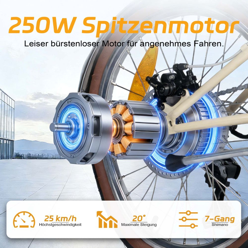 Vista detallada de un motor de e-bike, con 250W, 25 km/h, 20° de inclinación, 7 velocidades Shimano.