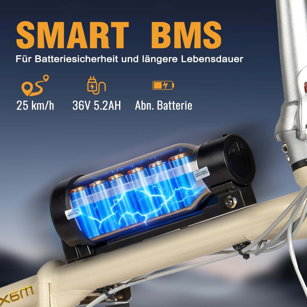 Batería de e-bike de 36V 5.2AH, 25 km/h, SMART BMS para seguridad y vida útil.