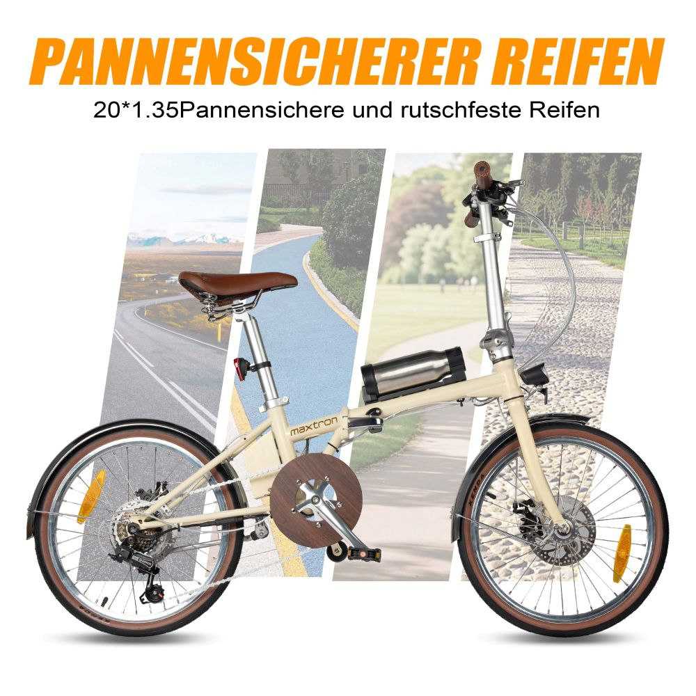 Una bicicleta plegable beige con sillín marrón y portabidón sobre fondos variados.