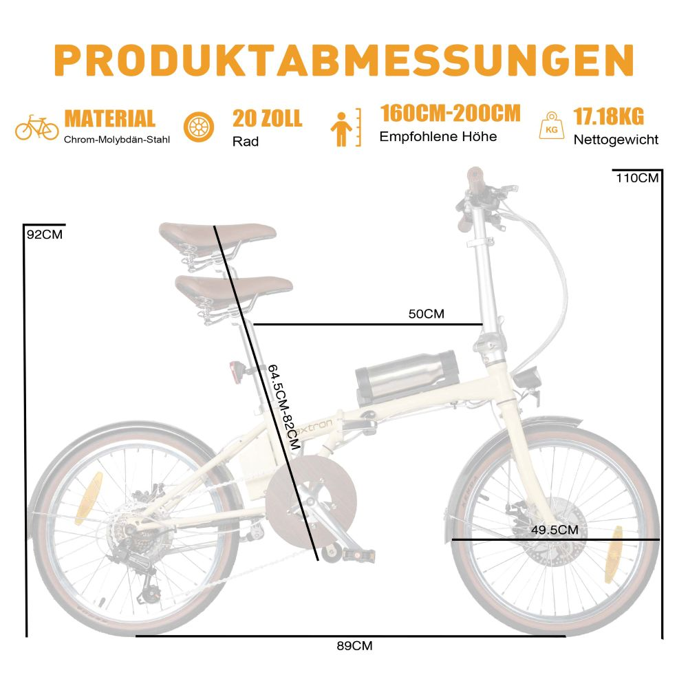 Una bicicleta plegable beige con dimensiones y especificaciones.
