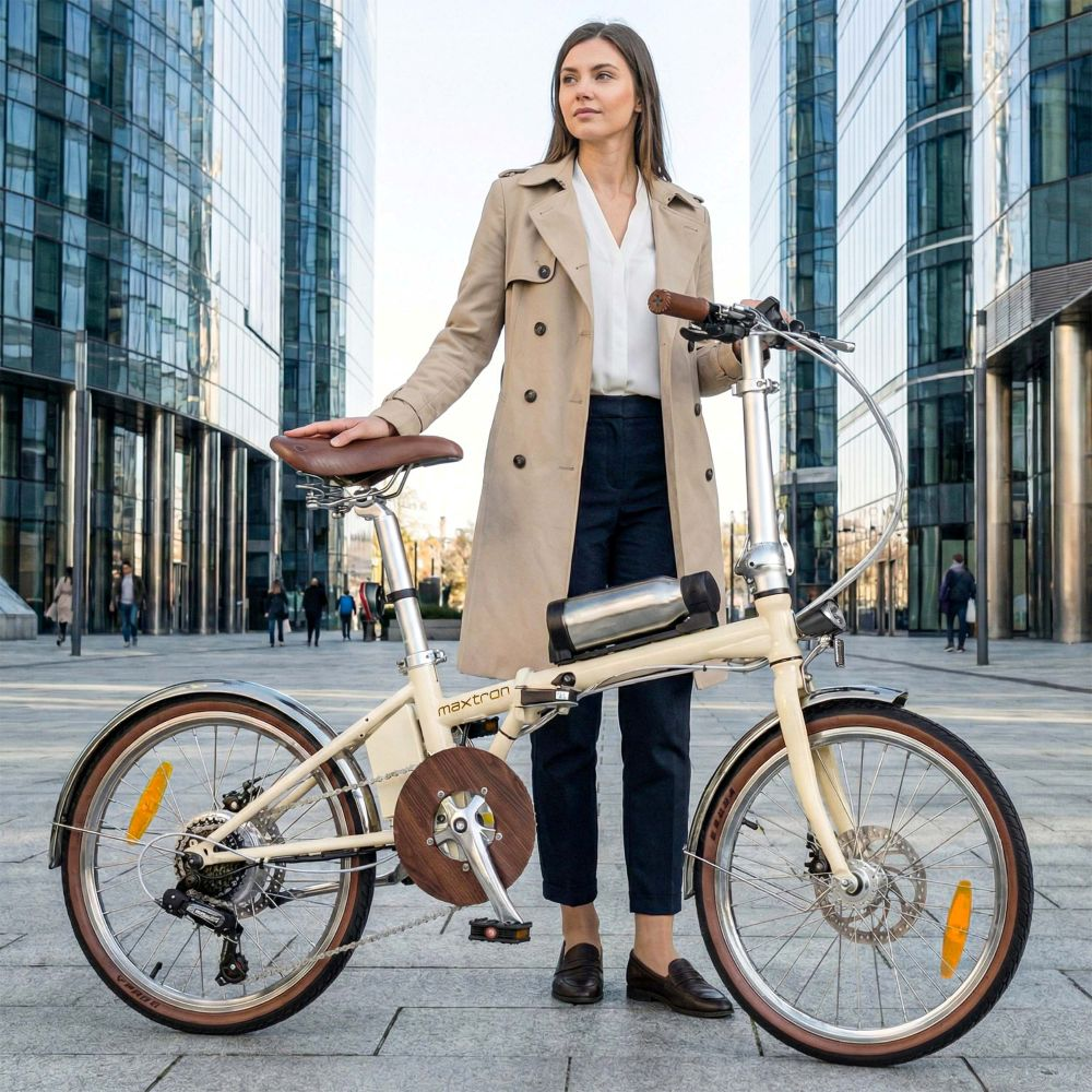 Mujer con gabardina y bicicleta plegable crema frente a edificios modernos de cristal.