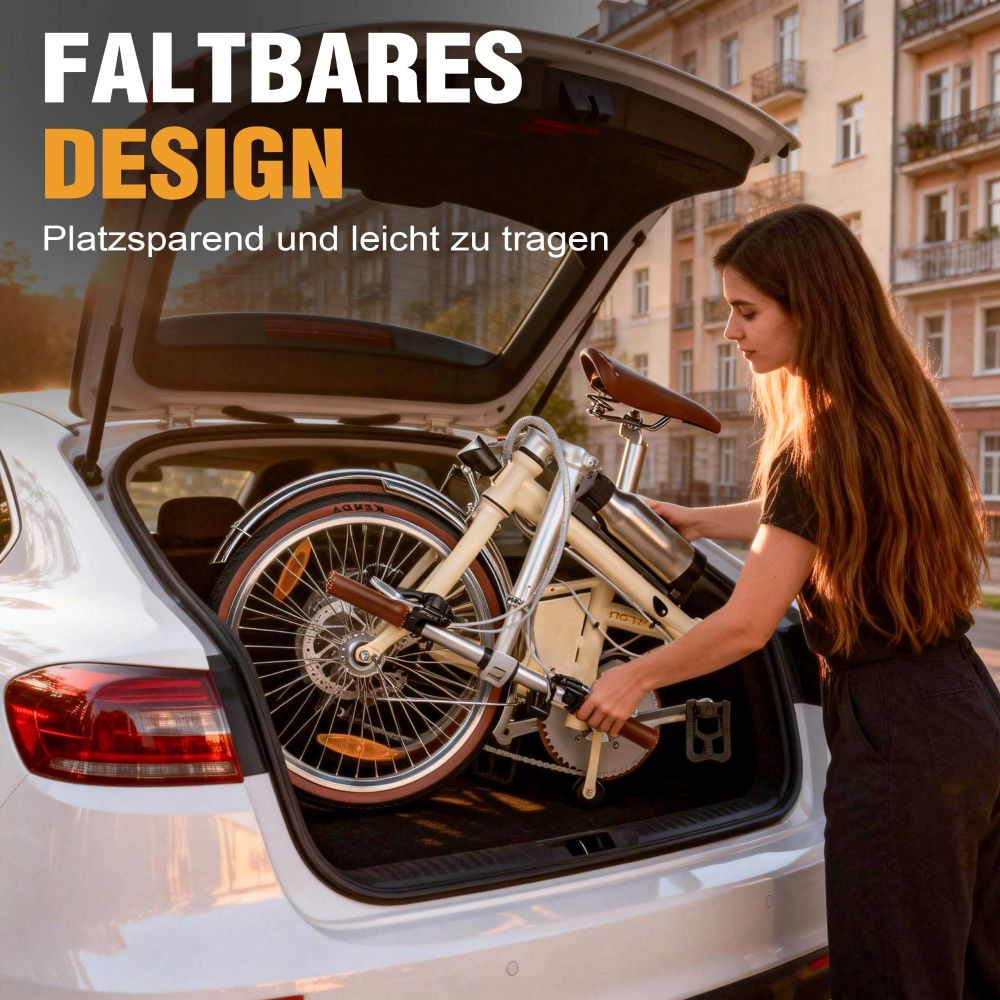 Mujer cargando bicicleta plegable en un coche. Texto: Diseño plegable.