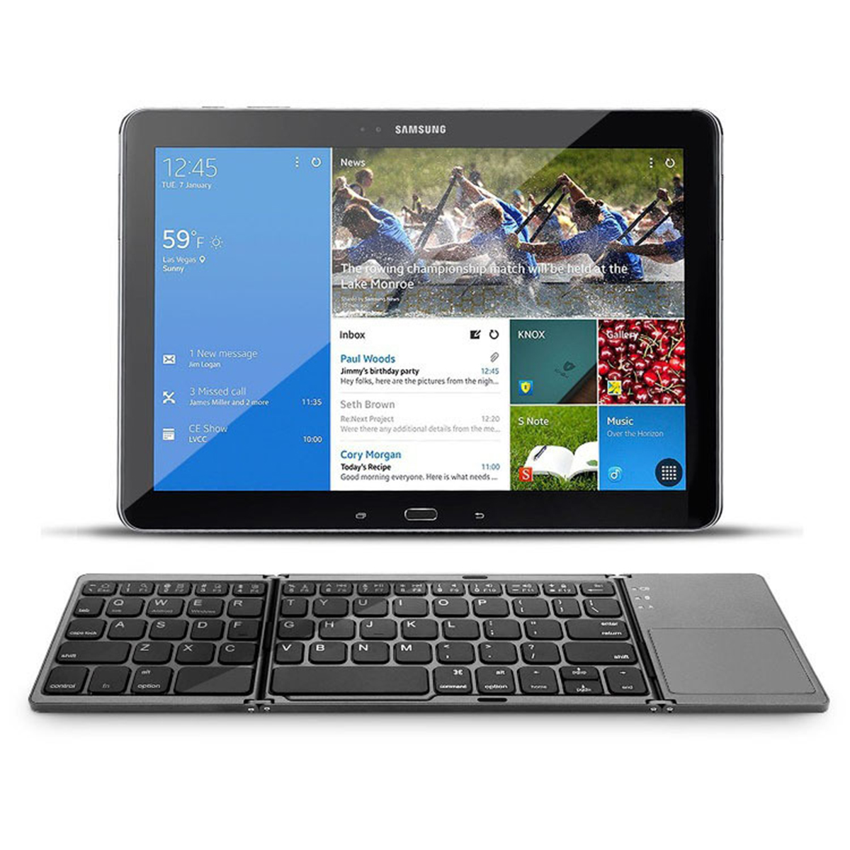 Tablet Samsung wyświetla kanał informacyjny i aplikacje, poniżej znajduje się składana klawiatura.