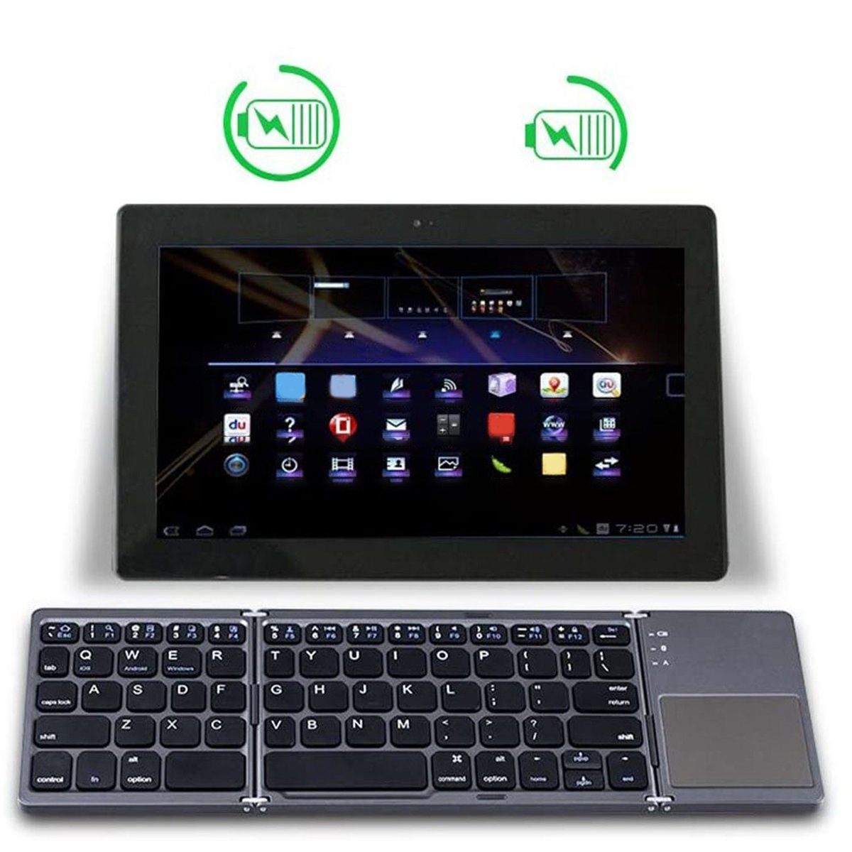 Tablet z rozkładaną klawiaturą i gładzikiem. Dwie zielone ikony ładowania baterii u góry.
