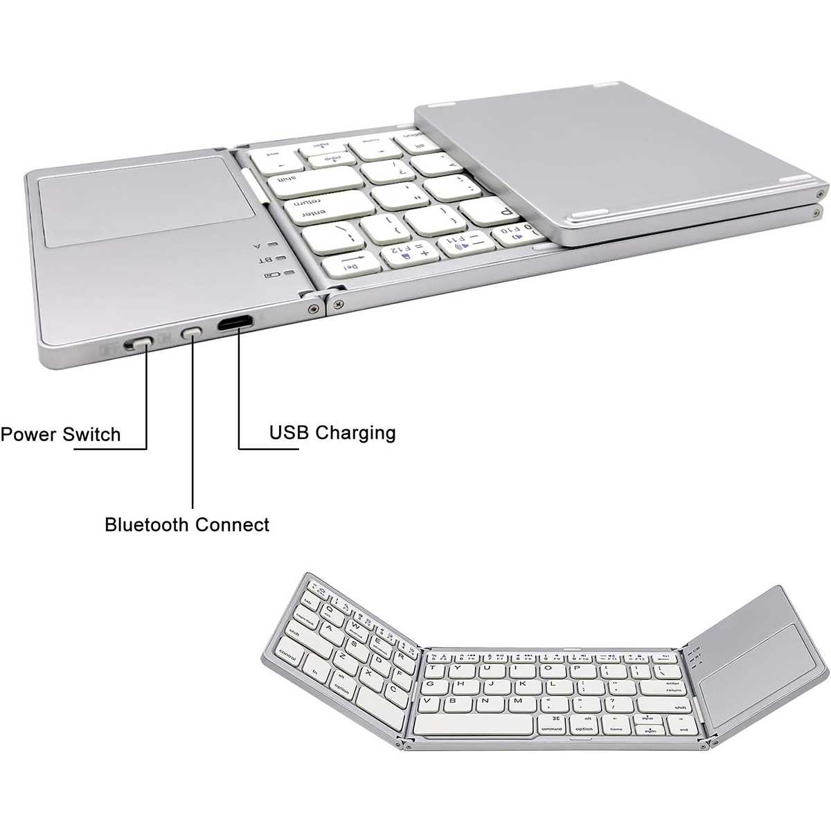 Srebrna składana klawiatura z touchpadem, włącznikiem, Bluetooth i portem ładowania USB.