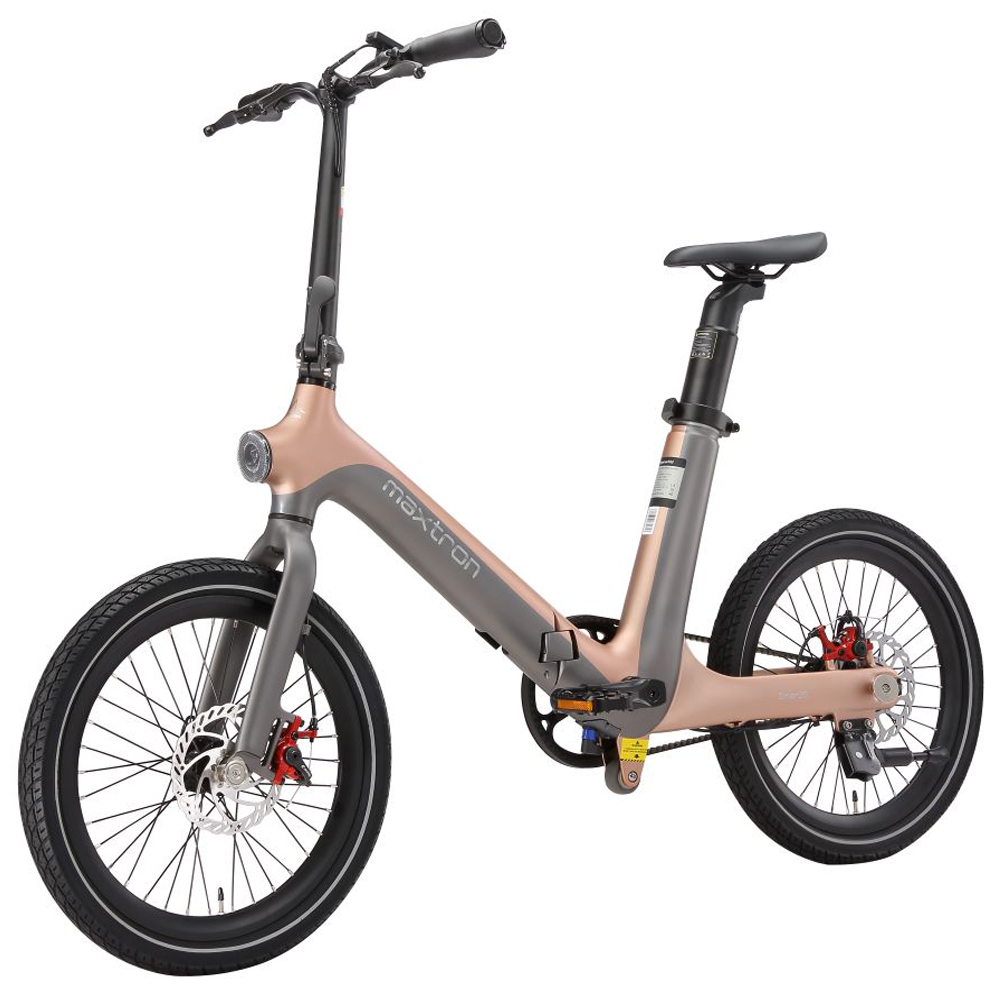 Una bici elettrica oro rosa e grigia con ruote nere e freni a disco.