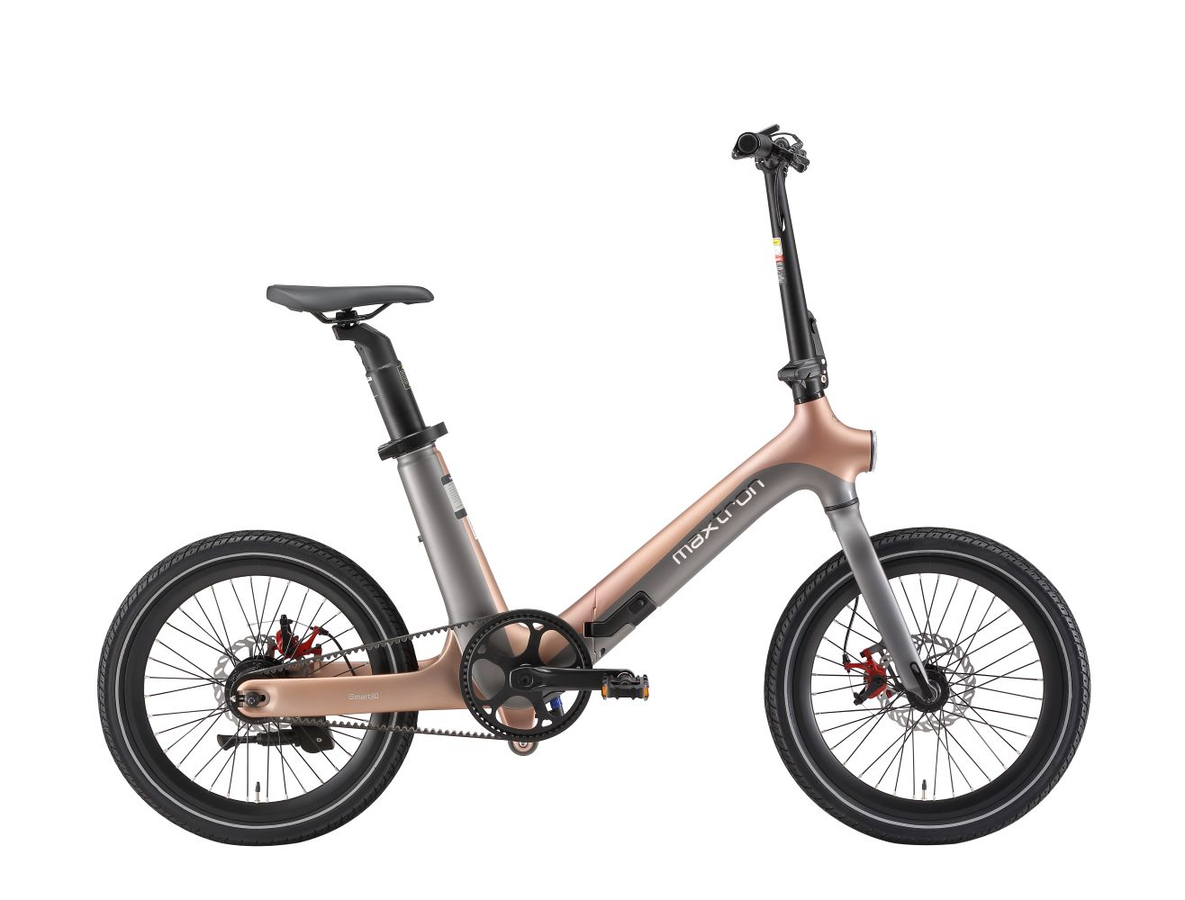 Bicicletta pieghevole oro rosa e grigio con ruote nere.
