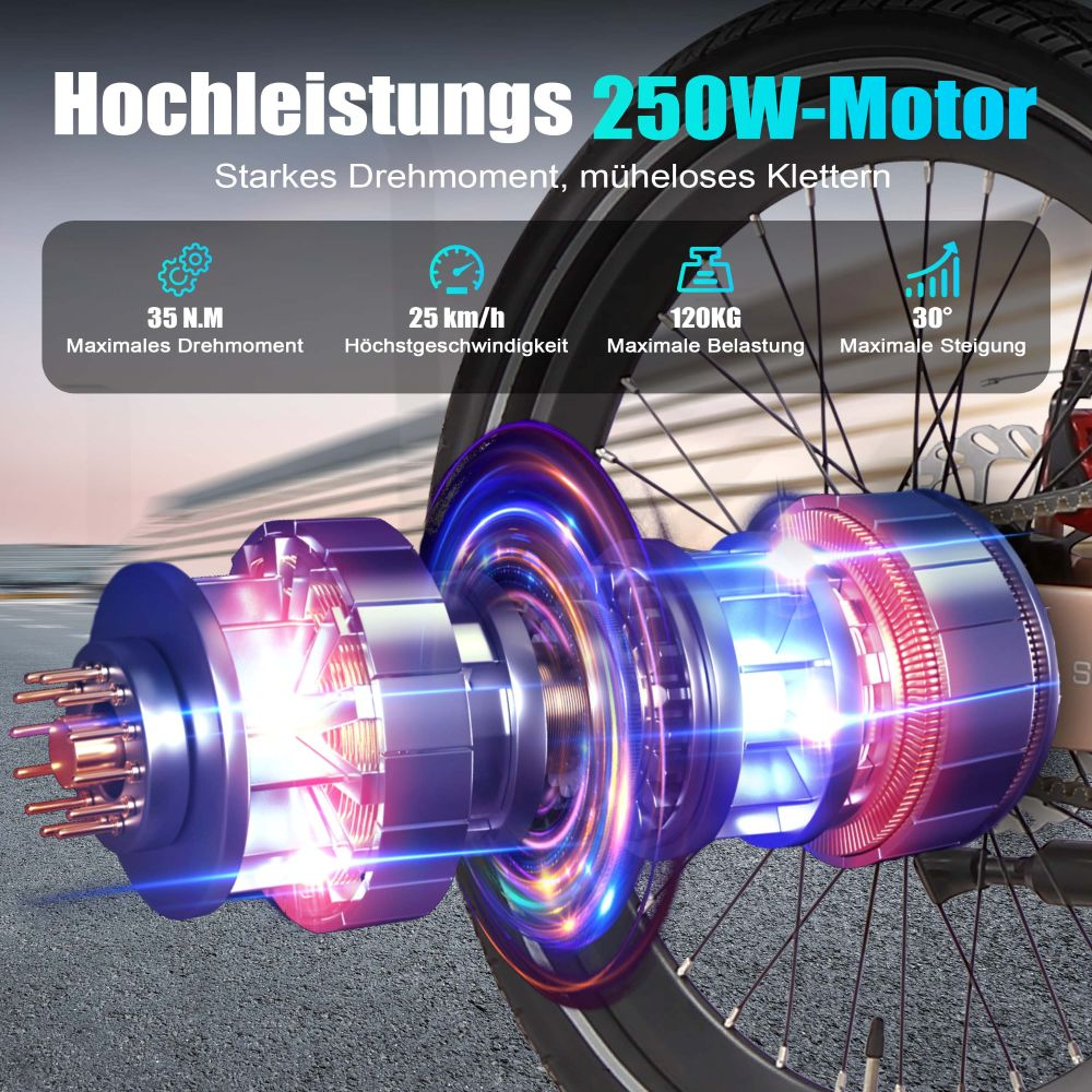 Motore E-bike 250W con 35 Nm di coppia, 25 km/h, carico 120 kg, pendenza 30°.